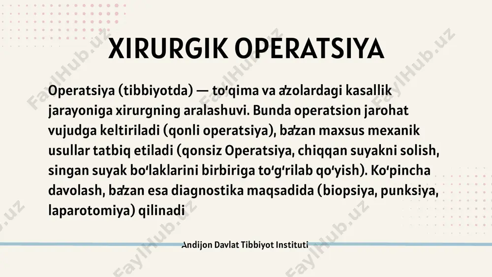 stoli ustiga kleyonka va toza choyshab yozilgandan so'nggina bemor operatsiya xonasiga olib kiriladi. yonboshlab yotish holati buyrak yoki ko'krak qafasida operatsiya amalga oshirilganda qo'llaniladi. andijon davlat tibbiyot instituti ginekologik holatdan to'g'ri ichak, prostata bezi, tashqi jinsiy a'zolar va qin operatsiya qilinganda foydalaniladi (bemor chalqanchasiga yotadi, operatsiya stolining oyoq tomoni pastga tushirilgan) badanning operatsiya qilinadigan qismi operatsiya maydoni deb ataladi. operatsiya maydoni terisi toza qilingach, bemorning ustiga sterillangan operatsiya choyshabi yopib qo'yiladi, faqat kesish o'tkaziladigan joygina ochiq qoldiriladi. operatsiya maydonini chegaralash uchun katta-kichik choyshablar, sochiqlar va salfetkalar ishlatiladi. andijon davlat tibbiyot instituti operatsiya vaqtida patologik o'choqqa yoki kasallangan a'zoga jarrohlik yo'li bilan davo qilinadi. masalan, abssess yorib ko'riladi, ochiq arterial tomir bog'lanadi, o't pufagi olib tashlanadi. andijon davlat tibbiyot instituti xirurgik operatsiya faqat maxsus jihozlangan operatsiya zalida yoki bog'lov xonasida o'lkaziladi. xirurgik operatsiyani operatsiya qiluvchi xirurg, assistent xirurglar, operatsiya hamshirasi, sanitarkalar va narkoz ishlatiladigan hollarda vrach-anesteziolog hamda anestezist hamshiralar amalga oshiradilar. …