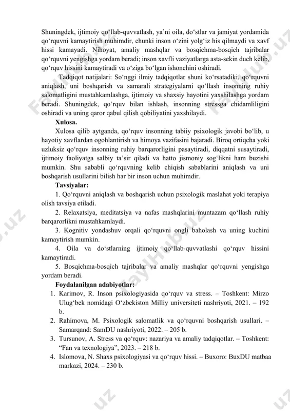 a’sir ko‘rsatadi. u diqqat va xotira faoliyatini susaytiradi, chunki inson ongida xavfga qaratilgan fikrlar ustuvor bo‘ladi va normal o‘rganish jarayoni buziladi. shuningdek, qo‘rquv uyqusizlik, charchoq va kayfiyatning tez-tez o‘zgarishi kabi simptomlarni yuzaga keltiradi, bu esa kundalik hayot va faoliyatni qiyinlashtiradi. tashvish va o‘ziga bo‘lgan ishonchsizlik qo‘rquv bilan birga keladi va insonning ijtimoiy aloqalarini cheklashga olib kelishi mumkin, natijada u jamiyatdan chekinib, yolg‘izlikka moyil bo‘ladi. ba’zan ortiqcha qo‘rquv agressivlik va hissiy taranglikni keltirib chiqaradi, bu esa shaxsiy va professional munosabatlarda nizolarga sabab bo‘lishi mumkin. qo‘rquvni kamaytirish va yechimlar: qo‘rquvni samarali boshqarish va uni kamaytirishning bir nechta usullari mavjud. birinchi va eng samarali yo‘l bu psixologik maslahat va terapiya bo‘lib, mutaxassis yordamida qo‘rquvning asosiy sabablarini aniqlash, uning darajasini baholash va shaxsga mos strategiyalar ishlab chiqish mumkin. ikkinchi yo‘l – relaksatsiya va nafas mashqlari, jumladan meditatsiya va boshqa tinchlantiruvchi texnikalar, ular asab tizimini barqarorlashtiradi va qo‘rquv hissini pasaytiradi. uchinchidan, kognitiv yondashuvlar qo‘rquvni mantiqiy …