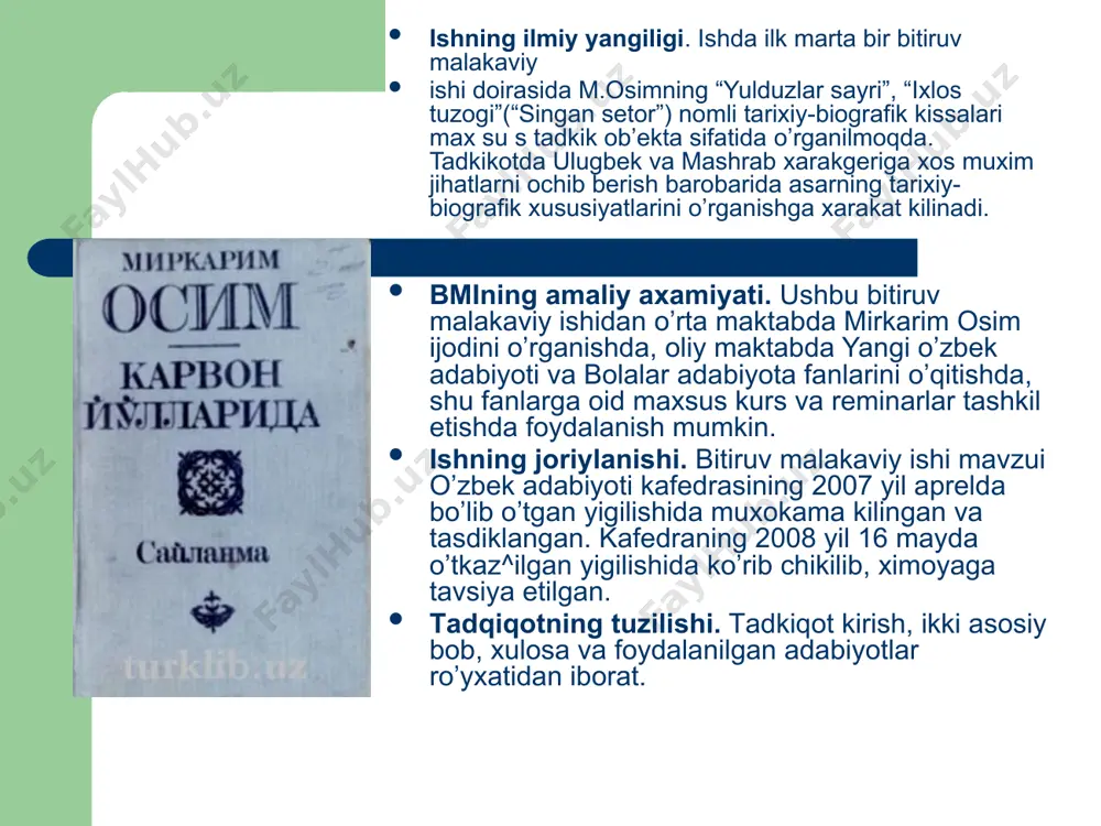 qaraydi . ulugbek va mashrab siymolarini yaratishda tarixiy haqiqat va badiiy to’kimaning uyg`unligi yulduzlar sayri” kissasining bosh qahramoni tarixiy shaxs ulugbekdir. adib o’z kaxramonini kitobxonga shunday tanishtiradi: “un yoshga kirgan, orikkina, bo’ychan ulugbek kun salkin bo’lishiga karamay ich ko’ylakda xovliga tushdi”. bundan kaxramon tashki qiyofasiga xos chizgilar orqali qissada tarixiy shaxs xayotining bolalik davri xususida xikoya kilinayotganligi ayonlashadi. bolalarga bagishlangan kissalarda bosh qaxramonning bolalarcha fikrlashi, dunyoni bolalar nigoxi bilan ko’rishi va idrok etishi muxim xususiyat sanaladi. adib ulugbekning begubor bolalik davrini ifoda etishda ana shu tamoyilga asoslangan mirkarim osim o’zining o’nlab qissalar bilan xx asrning ikkinchi uzbek prozasini aloxida saxifalar yarata oldi. bular orasida yulduzlar sayri , “ixlos tuzogi” kabi tarixiy-biografik asarlar ajralib turadi. ushbu kissalar kompozistion jixatdan butun, badiiy jiҳatdan ancha puxta ishlangan, obrazlar olami esa boy. unda adib ulugbek va mashrab xakidagi tarixiy xakikatlarga tayanib, 15-asrning etuk olimi va kudratli podshox ulug`bekning bolalik va kisman katta yoshlik, mashrabning …
