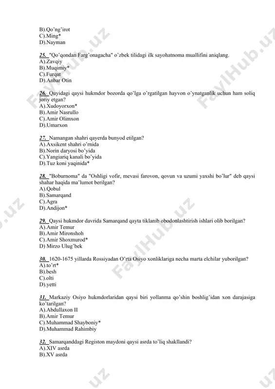 vliyoota, pishpak* b).so’zoq, kopal c).raim, o’zgan d).darboz, qorategin 37. qo’qon xonligida hosilning ¼ qismi uchun yollanib ishlovchi yersiz, ot-ulovsiz tabaqa nima deb atalgan? a).mardikorlar deb atalardi. b).korandalar deb atalardi. c).chorikorlar deb atalardi.* d).qo’shchilar deb atalardi. 38. "qoraqalpoqlar sahrodagi birinchi shoir ham qo’shiqchilardir, shundan keyin qirg’izlar va turkmanlar". ushbu so’zlar muallifi ko’rsatilgan javobni toping. a).berdimurod qarg’aboy o’g’li b).ajiniyoz qo’siboy o’g’li c).cho’qon valixonov* d).qaipbergen to’lepbergenov 39. xiva shahrini tashqi dushmanlar hujumidan saqlash maqsadida 6250 metrli devor barpo etgan hukmdorni aniqlang. a).olloqulixon* b).arab muhammadxon c).abulg’ozi bahodirxon d).muhammad aminxon 40. nechanchi yilda ichan qal’a butunjahon yodgorliklari ro’yxatiga kiritildi va muzeyga aylantirildi? a).1990 yilda* b).1991 yilda c).1992 yilda d).1993 yilda 41. 1507 yilda o’tkazilgan pul islohotining mohiyati qaysi javobda to’g’ri berilgan? a).mamlakatning hamma katta shaharlarida bir xil vaznga ega-5,2 grammli yangi kumush tangalar va mis chaqa pullar zarb etilishining yo’lga qo’yilishi* b).hamma shaharlarda bir xil vaznli- 5,2 grammli yangi oltin tanga va kumush chaqa pullar …
