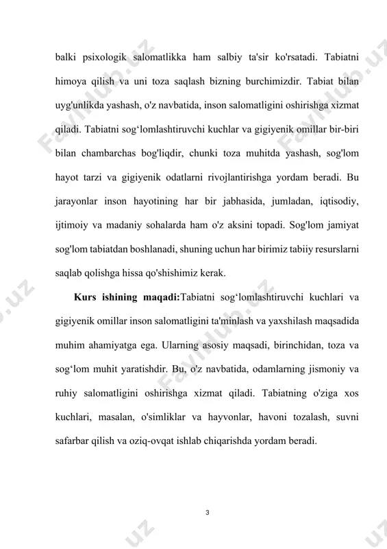 aytirish va umumiy salomatlikni yaxshilashda yordam beradi. tabiiy o'simliklar, masalan, aloe vera, lavanda, va boshqa ko'plab o'simliklar inson salomatligi uchun foydali bo'lgan moddalarni o'z ichiga oladi. ular stressni kamaytirishga, uyqu sifatini yaxshilashga va ruhiy salomatlikni qo'llab-quvvatlashga yordam beradi.tabiatning sog‘lomlashtiruvchi kuchlari orasida suv va havo sifatining ahamiyati ham katta. toza havo va suv inson salomatligining asosiy omillari hisoblanadi. havo ifloslanishi va suv sifatining yomonlashuvi ko'plab kasalliklarning paydo bo'lishiga sabab bo'ladi. suvning tozaligi va havo sifatini yaxshilash uchun tabiatni saqlash va qayta tiklash juda muhimdir. suv manbalarini himoya qilish, ifloslanishni kamaytirish va ekologik muvozanatni saqlash inson salomatligini yaxshilashda muhim ahamiyatga ega. tabiatning sog‘lomlashtiruvchi kuchlari shuningdek, inson psixologiyasiga ham ta'sir ko'rsatadi. tabiatda vaqt o'tkazish, yurish va ko'rish ruhiy holatni yaxshilaydi, stressni kamaytiradi va umumiy ruhiy salomatlikni oshiradi. tabiat bilan bog'lanish, uning go'zalligini ko'rish, o'simliklar va hayvonlar bilan muloqot qilish insonning ruhiy holatini yaxshilaydi. tabiat insonning ijodiy qobiliyatlarini oshiradi va uni yangi g'oyalar bilan …