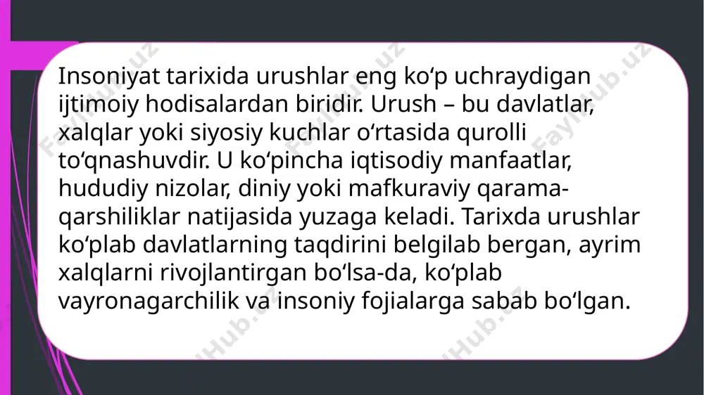urush – bevosita jang qilmasdan, iqtisodiy, mafkuraviy va texnologik raqobat ko‘rinishidagi qarama-qarshilik. tarixdan misollar troya urushi – qadimiy yunon mifologiyasida hududiy va siyosiy nizolardan kelib chiqqan. salib yurishlari (1096–1270) – diniy urushlarning yirik namunasi. birinci va ikkinchi jahon urushlari – milliy, siyosiy va iqtisodiy manfaatlar to‘qnashuvi natijasida yuz bergan. sovuq urush (1947–1991) – aqsh va sssr o‘rtasidagi mafkuraviy va geosiyosiy raqobat. urushlar insoniyat tarixining eng og‘riqli, lekin eng ko‘p uchraydigan hodisalaridan biridir. ularning kelib chiqish sabablari xilma-xil: hududiy nizolar, iqtisodiy manfaatlar, siyosiy hokimiyat uchun kurash, diniy yoki mafkuraviy qarama-qarshiliklar, milliy va etnik ziddiyatlar. ammo har qanday sababdan qat’i nazar, urushlarning oqibatlari doimo fojiali bo‘lgan. urushlar insoniyat taraqqiyotiga ayrim hollarda ta’sir ko‘rsatgan bo‘lsa-da, ular asosan vayronagarchilik, iqtisodiy tanazzul, millionlab insonlarning nobud bo‘lishi, madaniy va ma’naviy merosning yo‘qolishiga olib kelgan. tarixdan bilamizki, qisqa muddatli g‘alabalar uzoq muddatli azob va talofatlar bilan to‘lanadi. bugungi globallashuv davrida urushlarning kelib chiqishini chuqur o‘rganish, tarixiy saboqlardan …