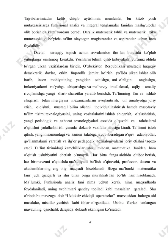 ro’yxati, hamda ilovadan iborat bo’ldi. matematika sohasidagi ta’lim sifatini oshirish va ilmiy - tadqiqotlarni rivojlantirish chora-tadbirlari to’g’risida qarori. mamlakatimizda matematika 2020- yildagi ilm – fanni rivojlantirishning ustuvor yo’nalishlaridan biri sifatida belgilandi. o’tgan davr ichida matematika ilm – fani va ta’limini yangi sifat bosqichiga olib chiqishga qaratilgan qator tizimli ishlar amalga oshirildi. birinchidan, ilg’or ilmiy markazlarda faoliyat yuritayotgan vatandosh matematik olimlarning taklif qilinishi va xalqaro ilmiy- tadqiqotlar olib borilishi uchun zarur shart- sharoit yaratildi. ikkinchidan, xalqaro fan olimpiyadalarida g’olib bo’lgan yoshlarimiz va ularning murabbiy ustozlari mehnatini rag’batlantirish tizimi joriy etildi. uchinchidan, oliy ta’lim va ilmiy- tadqiqotlarning o’zaro integratsiyalashuvini ta’minlash maqsadida talabalar shaharchasi fanlar akademiyasining b.i .romanovskiy nomidagi matematika institutining yangi va zamonaviy binosi barpo etildi. matematika sohasidagi fundamental tadqiqotlarni moliyalashtirish hajmi bir yarim barobarga oshirildi, budjet mablag’lari hisobidan superkompyuter, zamonaviy texnika va asbob uskunalar harid qilindi. to’rtichidan, ilmiy darajali kadrlarni tayyorlashning birlamchi bosqichi sifatida stajor - tadqiqotlik institute joriyetildi. beshinchidan, ilm …