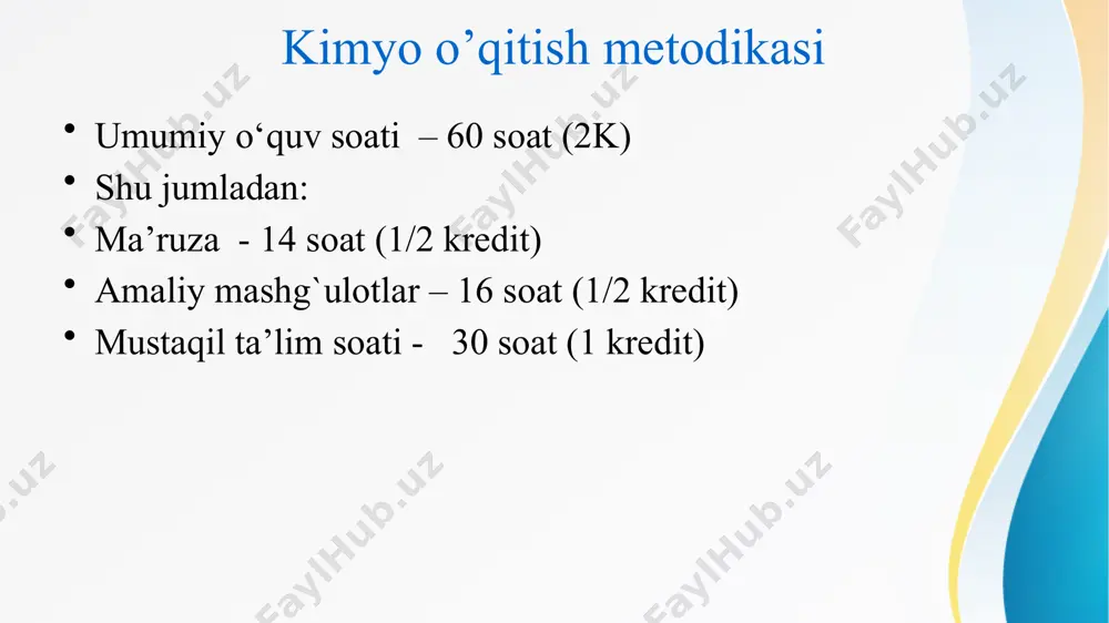 а. тошкент ш.,2017 й. 20 апрель 11. i.r.asqarov, n.x.to`xtaboyev, k.g`.g`opirov. kimyo: umumiy o‘rta ta’lim maktablarining 7-sinfi uchun darslik 5-nashri. toshkent.: «sharq», 2017. – 160 b 12.i.r.asqarov, n.x.to`xtaboyev, k.g`. g`opirov. kimyo: umumiy o‘rta ta’lim maktablarining 8-sinfi uchun darslik 4-nashri. toshkent: , «yangiyul poligraph service», 2019- y. 208 bet. 13.i.r.asqarov, n.x.to`xtaboyev, k.g`. g`opirov kimyo: umumiy o‘rta ta’lim maktablarining 9-sinfi uchun darslik 4-nashri. t.: «o‘zbekiston» nmiu, 2019. — 208 b. 14. a. mutalibov, e. murodov, s. masharipov, h.islomova. organik kimyo: 10-sinf organik kimyo darsligi – toshkent.: g‘afur g‘ulom nomidagi nashriyot-matbaa ijodiy uyi, 2017. – 160 b. 15. s. masharipov, a. mutalibov, e. murodov, h.islomova. umumiy kimyo: 11-sinf umumiy kimyo darsligi – toshkent.: g‘afur g‘ulom nomidagi nashriyot-matbaa ijodiy uyi, 2018. – 160 b. интернет сайтлари 16.www.gov.uz- узбекистон республикаси хукумат портали. 17.www.lex.uz - узбекистон республикаси конун хужжатлари маълумотлари 18.http://www.netsci.org/science/compchem/ 19. http://www.chemistry.ssu.samara.ru/chem1/index1.htm 20.http:// www.freechemical. info/freesoftware/kinds.php kimyo o’quv kursidan dars berish metodikasining asoslari 1. kimyo o’qitishning bilim …