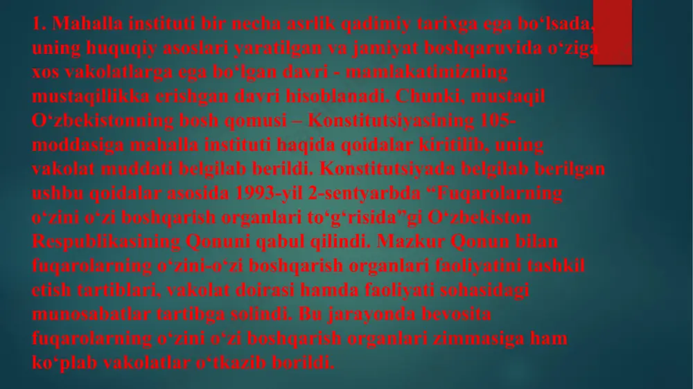 va nogironlarni aniqlash, fuqarolarning bandligiga ko‘maklashishi haqidagi normalar kiritildi. mazkur qonunning 18-moddasida fuqarolar yig‘ini faoliyatining asosiy yo‘nalishlari bo‘yicha 8 ta komissiyalar tuzilishi belgilab qo‘yildi. bundan tashqari, tegishli hududdagi muammolarning dolzarbligiga qarab, fuqarolar yig‘ini tomonidan fuqarolar yig‘ini faoliyatining asosiy yo‘nalishlari bo‘yicha boshqa komissiyalar ham tuzilishi mumkin. ushbu komissiyalar faoliyatini samarali tashkil etish va takomillashtirish orqali mahallannig jamiyat hayotidagi o‘rni va ahamiyatini yanada oshirish maqsadida “vazirlar mahkamasining 2013-yil 7-oktyabrdagi 274-sonli qarori bilan yuqoridagi komissiyalarning namunaviy nizomlari tasdiqlab berildi.” 3yurtimizda azal-azaldan mahalla tarbiya o’chog’i hisoblanadi. mustaqillik yillarida mahalla institutining nufuzini oshirish nafaqat ijtimoiy-iqtisodiy, balki siyosiy, tarbiyaviy va ulkan ma‘naviy ahamiyatga ega bo’lgan ustuvor vazifa sifatida belgilanib, mamlakatimizda fuqarolik jamiyatini rivojlantirishda uning ishonchli tayanch va ta‘sirchan kuch bo’lib xizmat qilishi uchun zarur shart-sharoitlar yaratish borasida keng ko’lamli chora-tadbirlar bosqichma-bosqich amalga oshirildi. xususan, milliy davlatchiligimiz tarixida ilk bor shaharcha, qishloq, ovul va mahalla fuqarolar yig’inlari o’zini o’zi boshqarishning hududiy birliklari sifatida o’zbekiston respublikasi konstitutsiyasining 105- …