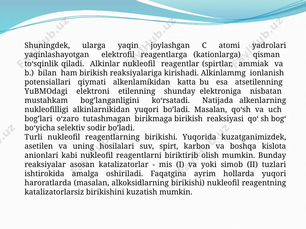 mno4 ning suvli eritmasini rangsizlantiradi: hcch + 3[o] + h2o 2hcooh. 3. rangli atsetilenid cho’kmalar hosil qiladi ( uchbog’ zanjirning boshida bo’lgan alikinlarga sifat reaksiya) hcch + 2[ag(nh3)2]oh agccag↓ + 4nh3↑ + 2h2o v a k i l l a r i c2h2 – tozasi rangsiz, ozgina efir xidga ega, havodan yengil, h2o va organik erituvchilarda kam eriydigan gaz. c miqdori ko`pligi uchun tutab yonadi. agar alangaga qo’shimcha havo berilsa (puflansa) u tutamasdan to’liq yonadi. c2h2 havo bilan (3% dan 9% gacha) havfli portlovchi aralashmalar hosil qiladi. asetilen urilganda ham portlashi mumkin, shuning uchun uni aseton eritmasi holida g’ovak materiallarga shimdirilib, ballonlarda saqlanadi va tashiladi. c2h2 yonganda 30000c gacha t0 hosil qilgani uchun aftogen payvandlash va metallarni qirqishda ishlatiladi. toza asitilen va etilen aralashmasi – posilen nomi bilan tibbiyotda ba`zi operatsiyalarda narkoz sifatida ishlatiladi. i s h l a t i l i s h i 1) tetraxloretan, trixloretilen, dixloretilen …