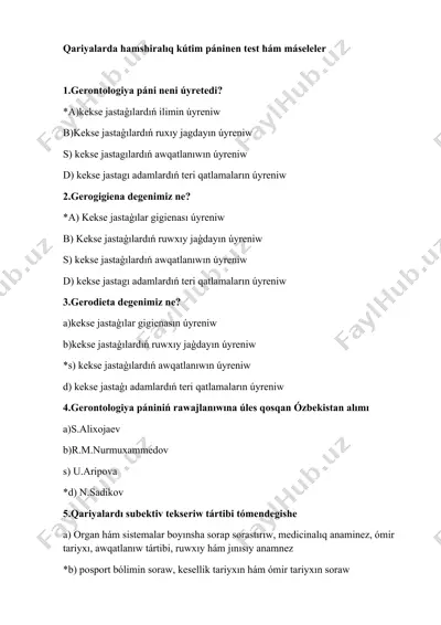 qariyalarda hamshiralıq kútim páninen test hám máseleler — DOC