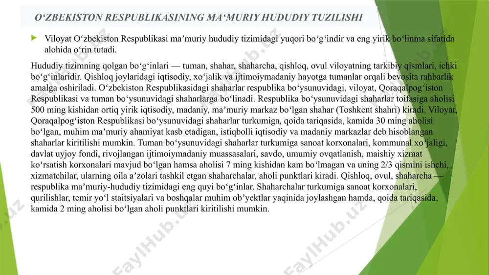 8 tuzish hamda tashkil etishning muayyan tartibi hisoblanadi. boshqaruv shaklining eng qadimgi va hozirgi kunga qadar rivojlanib kelayotgan shakli monarxiya va respublika sanaladi. aytaylik, monarxiya ko‘proq qadimgi sharq, shu jumladan turon zaminida tashkil topgan davlatlar shakli edi. monarxiyaning o‘zi ham mutlaq monarxiya va cheklangan monarxiya ko‘rinishlariga ega. davlatning respublika shakli esa prezidentlik, parlamentar va aralash respublika ko‘rinishlarida o‘z ifodasini topadi o‘zbekistonda 14 ta hudud bo‘yicha iqtisodiy faollik reytingi tuzildi baholash natijalariga ko‘ra, joriy yilning yanvar-iyul oylarida toshkent shahri eng yuqori faollik barometri indeksi bilan reytingda 1-o‘rinni egalladi. keyingi o‘rinlarni samarqand va sirdaryo viloyatlari egalladi. nisbatan past ko‘rsatkichlar navoiy, surxondaryo va andijon viloyatlarida kuzatildi. boshqaruv shakli –respublika boshqaruv shakli –respublika (lotincha respublika – jamoa ishi) – davlat hokimiyati aholi muayyan muddatga saylab qo‘yadigan organlar tomonidan amalga oshiriladigan boshqaruv shaklidir. respublika ham monarxiya singari muayyan tarixiy xususiyatga ega. boshqaruvning respublika shakli bir qancha turlari mavjudligi tarixdan ma‘lum. ular quldorlik sharoitlaridayoq namoyon bo‘la …