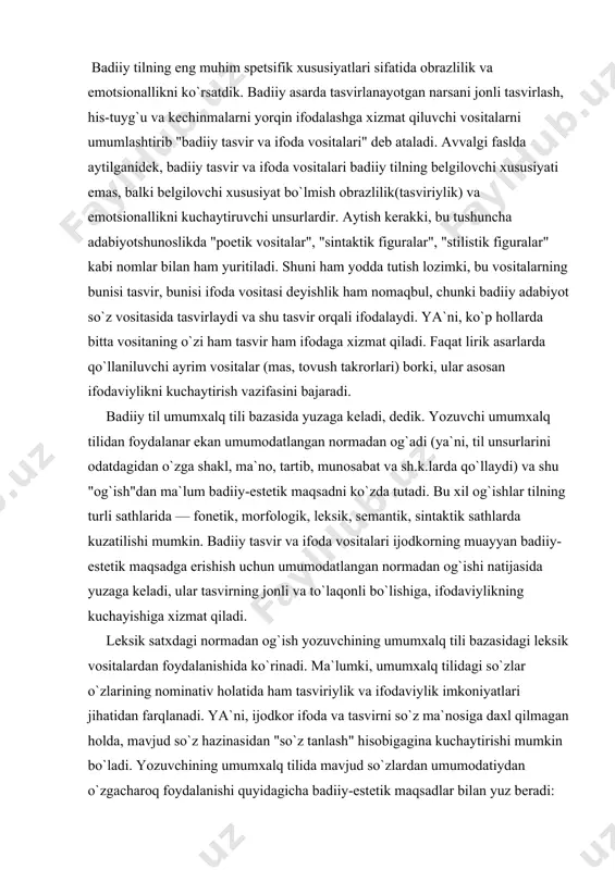 sida yuzaga keladi, ular tasvirning jonli va to`laqonli bo`lishiga, ifodaviylikning kuchayishiga xizmat qiladi. leksik satxdagi normadan og`ish yozuvchining umumxalq tili bazasidagi leksik vositalardan foydalanishida ko`rinadi. ma`lumki, umumxalq tilidagi so`zlar o`zlarining nominativ holatida ham tasviriylik va ifodaviylik imkoniyatlari jihatidan farqlanadi. ya`ni, ijodkor ifoda va tasvirni so`z ma`nosiga daxl qilmagan holda, mavjud so`z hazinasidan "so`z tanlash" hisobigagina kuchaytirishi mumkin bo`ladi. yozuvchining umumxalq tilida mavjud so`zlardan umumodatiydan o`zgacharoq foydalanishi quyidagicha badiiy-estetik maqsadlar bilan yuz beradi: 1. davr koloritini(ruhini) berish uchun. lug`atdagi eskirgan so`zlar — arxaizm va istorizmlar odatdagi so`zlashuvda ishlatilmasligi ma`lum. biroq ular tarixiy mavzudagi badiiy asarlarda davr koloritini berish uchun juda zarur. deylik, o`z asarida o`n beshinchi asr voqeligini tasvirlayotgan ijodkor, tabiiyki, o`sha davrga xos realiyalarni tasvirlashi lozim bo`ladi. ya`ni, o`sha davr koloritini o`sha davrga xos bo`lgan narsa-buyumlar, hodisalar, tushunchalar va h. nomlarisiz to`la tasvirlab bo`lmaydi. ikkinchi tomondan, o`n beshinchi asr muhitida harakatlanayotgan personaj tili ham shunga mos bo`lishi, uning nutqida o`sha …
