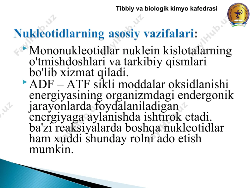 zining boshqaruvchi fermenti bo'lib polifunksional kad-fermenti hisoblanadi. uning faolligini umf va purin nukleotidlari allosterik ingibirlaydi, frdf esa karbamoilsintetazaning faolligini oshiradi, stf aspartattranskarbamoilaza domeni faolligini ingibirlaydi, atf esa faollashtiradi. dumf + n5n10-ch2-tgfk -----→ dtmf + dgfk timidilatsintaza boshqa dezoksiroboza tutuvchi d-rtf larning sintezi atf ishtirokida dezoksiribonukleozid-5-difosfatlarning fosforillanishi orqali amalga oshiriladi. atf + dadf → adf + datf atf + dsdf → adf + dstf atf + dgdf → adf + dgtf atf + dtdf → adf + dttf utf + glutamin + atf ---→ stf + glutamat + adf + pn stf-sintetaza pirimidinlar parchalanishi natijasida hosil bo'lgan β-alanin anserin va karnozin hamda koenzim –a hosil bo'lishida qatnashadi. hayvon to'qimalarida β-alanin va pirouzum kislotasi o'rtasidagi transaminlanish reaksiyasini katalizlovchi maxsus aminotransferaza ochilgan. bu qaytar jarayon davrida α-alanin va formilasetat (malon kislota yarim aldegidi) sintezlanadi: orotasiduriya deb, siydik bilan ko'p miqdorda orotat kislota chiqib turishiga aytiladi. irsiy orotasiduriyada bir kecha-kunduzda 1,5 g gacha, ya'ni …