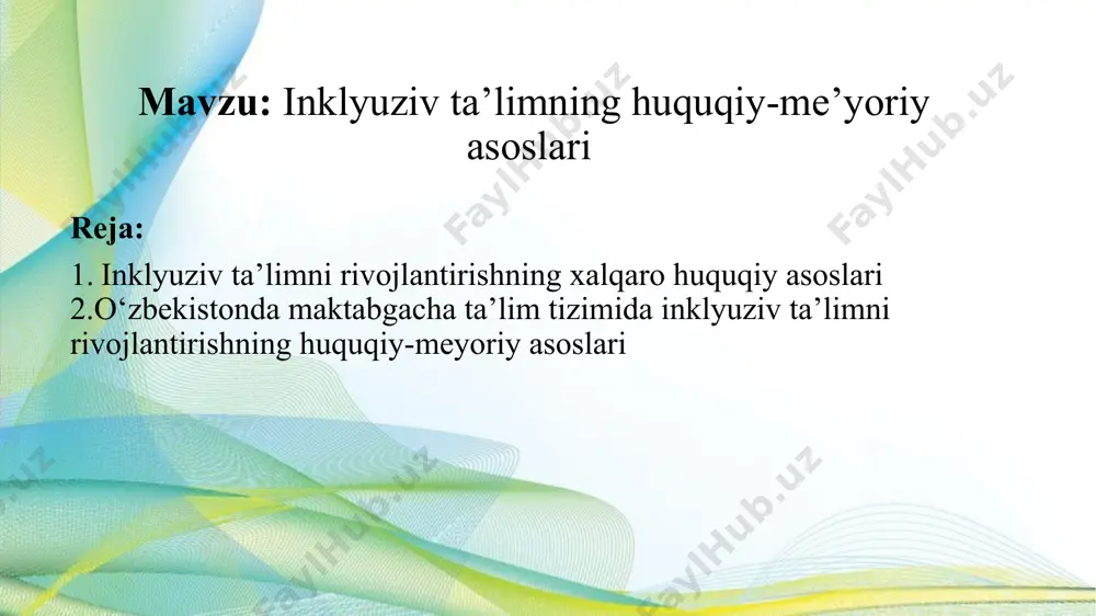 b to hozirga qadar inson huquqlari borasida eng muhim xalqaro huquq normasi sifatida ishlab kelmoqda. inson huquqlari umumjahon deklarasiyasini barcha xalqlar va barcha davlatlar bajarishga intilishi lozim bo‘lgan vazifa sifatida e’tirof etilgan. 26-modda. ta’lim olish har bir insonning asosiy va ajralmas huquqi. “bola huquqlari to‘g‘risida”gi deklarasiya bola huquqlari deklarasiyasiga muvofiq insoniyat bolaga o‘zida mavjud bo‘lgan narsalarning eng yaxshisini berishga majburdir. u milliy va xalqaro darajada bolalarni himoya qilish va farovonligini ta’minlashning o‘nta ijtimoiy va huquqiy tamoyillarini e’lon qiladi. 5-tamoyil. jismoniy, aqliy yoki ijtimoiy nogiron bolaga uning alohida holatini hisobga olgan holda maxsus davolash, ta'lim va g'amxo'rlik ko'rsatilishi kerak. “aqli zaif insonlar huquqlari to‘g‘risida”gi deklarasiya birlashgan millatlar tashkiloti tomonidan 1971 yil 20 dekabrda qabul qilingan “aqli zaif insonlar huquqlari to‘g‘risida”gi deklarasiya insonning qadr-qimmati va ijtiomiy adolat, aqli zaif shaxslarga mavjud qobiliyatlarini rivojlantirish va ularning muvaffaqiyatli ijtimoiy integratsiyalashuviga kо‘maklashish zaruriyati tamoyiliga asoslanadi. aqli zaif shaxslar boshqa insonlar singari maksimal darajada bir xil …