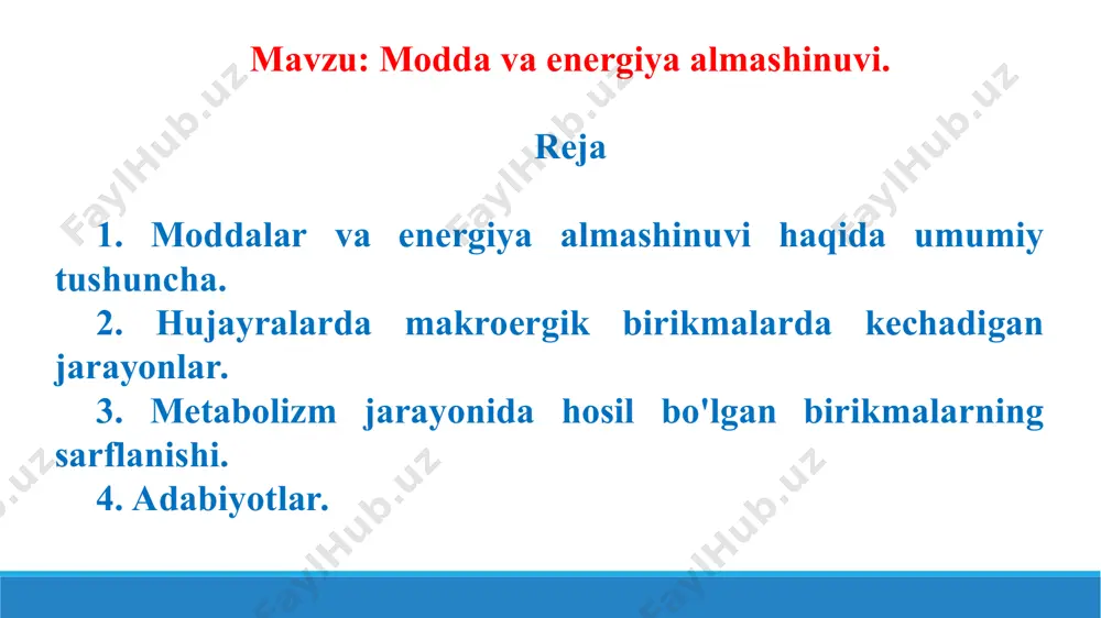 tf) va fosfat guruxlarining koʻchishiga sabab boʻluvchi fermentativ reaksiyalarda atf hosil qila oladigan moddalar kiradi. makroergik birikmalar tarkibiga fosforil guruhlari kiradi. nukleozidtri- (yoki di-) fosfat kislotalar, pirofosfat va polifosfat kislotalar, kreatinfosfat, fosfopirouzum kislota, difosfoglitserin kislota, atsetil va suksinilkoferment a, adenil va ribonuklein kislotalarning aminoatsil hosilalari ham makroergik birikmalardir. makroergik birikmalarning bo'linishi katta miqdorda energiya ajralib chiqadi. inson tanasida yuqori energiyali birikmalarning rolini adenozintrifosfot kislota (atp) va kreatin fosfat (cp) o'ynaydi. protein almashinuvi. tana doimo parchalanadi va oqsillarni sintez qiladi. yangi oqsil sintezining yagona manbai oziq-ovqat oqsillaridir. ovqat hazm qilish traktida oqsillar fermentlar tomonidan aminokislotalarga parchalanadi va ular ingichka ichakda so'riladi. hujayralar o'z oqsillarini aminokislotalardan va eng oddiy peptidlardan sintez qiladi, bu faqat ushbu organizm uchun xarakterlidir. proteinlarni boshqa oziq moddalar bilan almashtirib bo'lmaydi, chunki ularning organizmda sintezi faqat aminokislotalarda mumkin. shu bilan birga, oqsil yog'lar va uglevodlarni almashtirishi mumkin, ya'ni bu birikmalarni sintez qilish uchun ishlatilishi mumkin. proteinning parchalanishi va …
