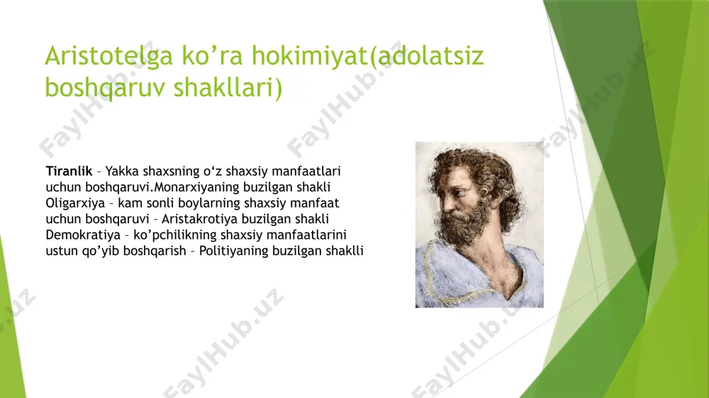itarizm — bu siyosiy tizim bo‘lib, unda davlat hokimiyati asosan bitta yoki bir nechta shaxslarning qo‘lida jamlanadi va fuqarolarning siyosiy erkinliklari cheklangan bo‘ladi. avtoritar rejimda hukumatning qarorlari ko‘pincha jamiyatning keng qatlamlarining ishtirokisiz qabul qilinadi, va siyosiy muxolifatni bostirish yoki taqiqlash keng tarqalgan. bu tizimda, odatda, siyosiy ko‘pqarrellik mavjud emas, va fuqarolar davlatni tanqid qilishda cheklovlarga duch keladilar totalitarizm va avtoritarizm farqlari avtoritarizmda siyosiy qarorlar boshqaruvchi rahbar yoki guruh tomonidan amalga oshiriladi, lekin bu tizimda ba'zi darajada ijtimoiy hayotning ayrim qismlarida cheklovlar bo‘lishi mumkin. fuqarolar shaxsiy hayotlarida ba'zi erkinliklarga ega bo‘lishi mumkin, lekin siyosiy erkinliklar cheklangan bo‘ladi. totalitarizm esa yanada qat'iyroq va barcha sohalarda to‘liq nazoratni o‘rnatadi. bu tizimda davlat barcha ijtimoiy, siyosiy, iqtisodiy va madaniy sohalarda to‘liq nazoratni amalga oshiradi va fuqarolarning hayotining har bir jihatiga aralashadi. zamonaviy yondashuvlar(demokratiya) demokratiya — bu siyosiy tizim bo‘lib, unda hokimiyat xalq tomonidan yoki xalq nomidan tanlangan vakillar orqali amalga oshiriladi. demokratiyaning asosiy tamoyili, …