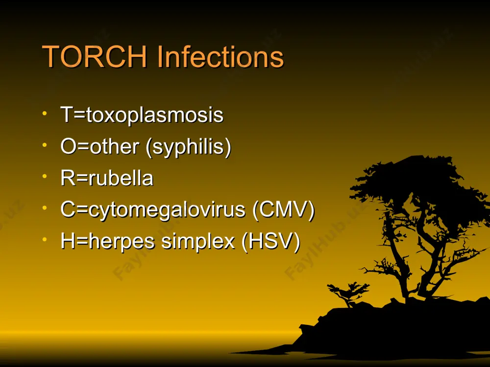 (sem) cns disease disseminated disease (present earliest) initial manifestations very nonspecific with skin lesions not necessarily present presentations of congenital hsv diagnosis culture of maternal lesions if present at delivery cultures in infant: skin lesions, oro/nasopharynx, eyes, urine, blood, rectum/stool, csf csf pcr serologies again not helpful given high prevalence of hsv antibodies in population treatment high dose acyclovir 60mg/kg/day divided q8hrs x21days for disseminated, cns disease x14days for sem ocular involvement requires topical therapy as well which torch infection presents with… snuffles? syphilis chorioretinitis, hydrocephalus, and intracranial calcifications? toxo blueberry muffin lesions? rubella periventricular calcifications? cmv no symptoms? all of them which torch infections can absolutely be prevented? rubella syphilis when are torch titers helpful in diagnosing congenital infection? never! questions?