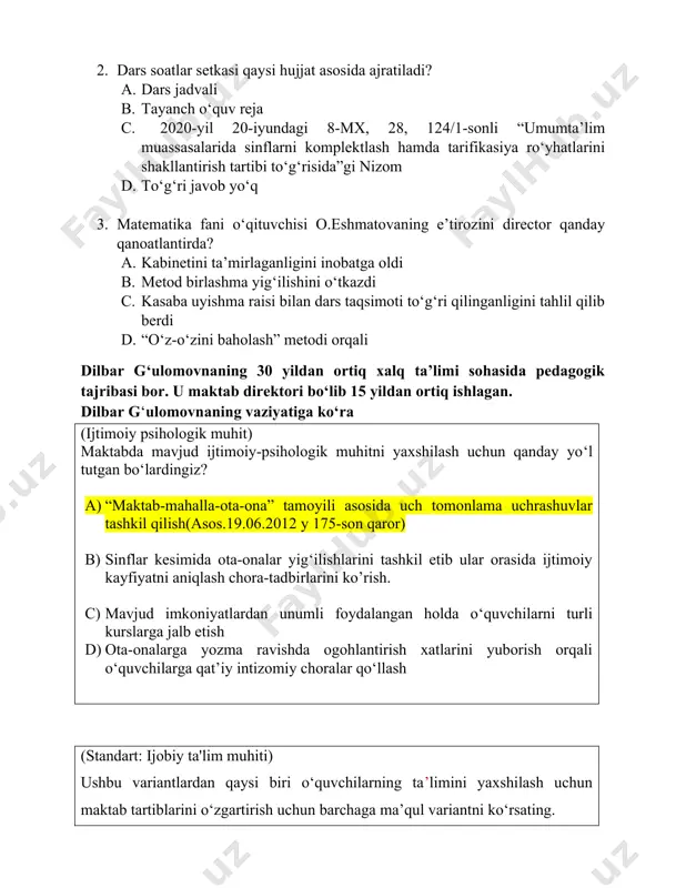 riga asosan chora-tadbir rejasini ishlab chiqish 1. barkamol avlod markazlari, sport komplekslari bilan hamkorlikda ishlarni yo’lga qo‘yish. (standart: belgilar ta'limi) maktablarda tashkil etiladigan qo`shimcha ta’lim berishga qaratilgan pullik ta’lim xizmatlari maktablarning o`quv dasturlarida nazarda tutilmagan (davlat ta’lim standartlaridan tashqari) mashg`ulotlar bo`yicha nima asosida xizmat ko`rsatiladi. а) mutaxasis o`qituvchilar va metodislar tuzgan dastur asosida b) maktab direktori va o`quvchilarning ota-onasi yoki ularning o`rnini bosuvchi shaxslar o`rtasida tuziladigan shartnoma *.(asos: 22.04.2019y vm-343-qaror) c) ixtisoslashgan maktab o`qituvchilarining o`quv rejasi asosida d) hududiy boshqarmalar tomonidan berilgan o`quv dasturi asosida vazirlar mahkamasining 2009-yil 8-apreldagi 102-son qaroriga ilovada tasdiqlangan davlat mulkini ijaraga berish tartibi to`g`risidagi nizom 17-bandiga ko`ra ijara shartnomasi kimlar bilan tuziladi а) maktab direktori va ijaraga oluvchi b) ijaraga beruvchi, ijaraga oluvchi va balansda saqlovchi o`rtasida tuziladi.* c) hududiy boshqarma boshlig`i bilan ijarachi d) faqat buyurtmachi va balansda saqlovchi keys larga javob berishda eng avvalo bu bo`yicha normativ hujjatlar (adabiyotlar) o`rganilishi kerak. shu normativ …