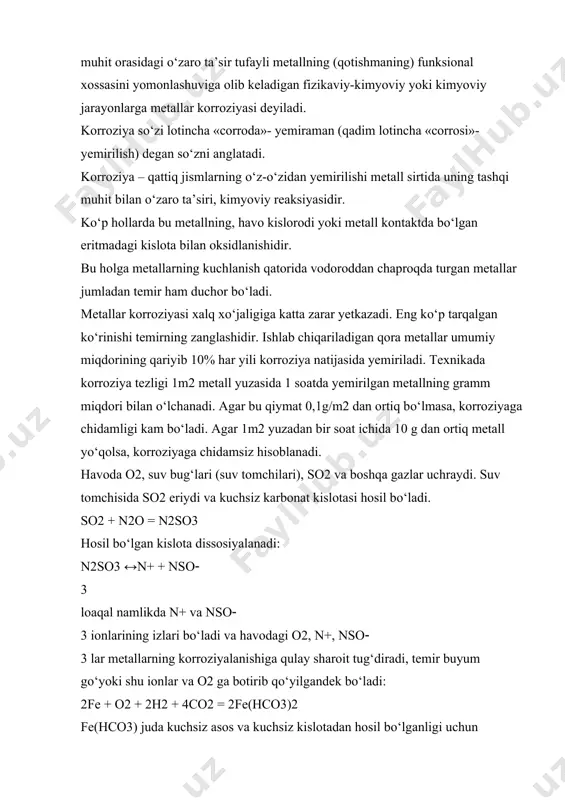 smlarning о‘z-о‘zidan yemirilishi metall sirtida uning tashqi muhit bilan о‘zaro ta’siri, kimyoviy reaksiyasidir. kо‘p hollarda bu metallning, havo kislorodi yoki metall kontaktda bо‘lgan eritmadagi kislota bilan oksidlanishidir. bu holga metallarning kuchlanish qatorida vodoroddan chaproqda turgan metallar jumladan temir ham duchor bо‘ladi. metallar korroziyasi xalq xо‘jaligiga katta zarar yetkazadi. eng kо‘p tarqalgan kо‘rinishi temirning zanglashidir. ishlab chiqariladigan qora metallar umumiy miqdorining qariyib 10% har yili korroziya natijasida yemiriladi. texnikada korroziya tezligi 1m2 metall yuzasida 1 soatda yemirilgan metallning gramm miqdori bilan о‘lchanadi. agar bu qiymat 0,1g/m2 dan ortiq bо‘lmasa, korroziyaga chidamligi kam bо‘ladi. agar 1m2 yuzadan bir soat ichida 10 g dan ortiq metall yо‘qolsa, korroziyaga chidamsiz hisoblanadi. havoda o2, suv bug‘lari (suv tomchilari), so2 va boshqa gazlar uchraydi. suv tomchisida so2 eriydi va kuchsiz karbonat kislotasi hosil bо‘ladi. so2 + n2o = n2so3 hosil bо‘lgan kislota dissosiyalanadi: n2so3 ↔n+ + nso 3 loaqal namlikda n+ va nso 3 ionlarining izlari …