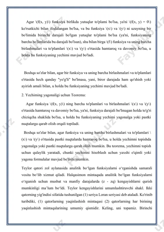 (1) qatorlarning yaqinlashish mintaqasi (2) qatorlarning har birining yaqinlashish mintaqalarining umumiy qismidir. keling, uni topamiz. birinchi qatorning yaqinlashish maydoni aylana bo'lib, uning radiusi koshi-hadamard formulasi bilan aniqlanadi. yaqinlashuv doirasi ichida (3) qator analitik funktsiyaga yaqinlashadi va har qanday kichikroq radiusli doirada u mutlaqo yaqinlashadi. va bir xilda. ikkinchi qator o‘zgaruvchiga nisbatan darajali qatordir.(5) qator o‘zining yaqinlik doirasi doirasida m-*oo kompleks o‘zgaruvchining analitik funksiyasiga yaqinlashadi va har qanday kichikroq radiusli aylanada u mutlaqo va bir xil yaqinlashadi, ya'ni (4) qatorning yaqinlashish mintaqasi aylananing ko'rinishi - agar (3) va (4) qatorlarning umumiy yaqinlashuv mintaqasi mavjud bo'lsa - (1) qatorlar joylashgan aylana halqa. analitik funksiyaga yaqinlashadi. bundan tashqari, har qanday halqada u mutlaqo va bir xilda birlashadi. misol 1. rad loran qatorining yaqinlashish mintaqasini aniqlang izolyatsiya qilingan yagona nuqtalar va aylana halqada bir qiymatli va apolitik bo'lgan ularning tasnifi (z), bu halqada koeffitsientlari konvergent qatorlar yig'indisi sifatida ifodalanishi mumkin. cn noyob tarzda aniqlanadi …