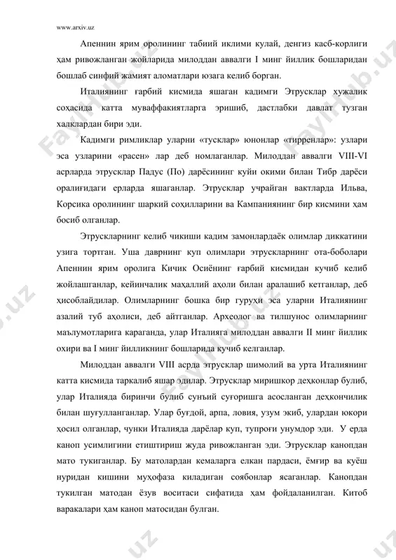 таси сифатида ҳам фойдаланилган. китоб варакалари ҳам каноп матосидан булган. этрусклар чорвачилик билан кизғин шуғулланганлар. улар асосан корамол, куй ва чучка бокканлар. этрусклар йилкичилик билан ҳам машғул булганлар. улар отни мукаддас ҳайвон деб билганлар. шаркда булгани каби отдан факат ҳарбий максадларда фойдаланганлар. хужаликнинг ривожланиши, мулкий тенгсизлик ва табакалар илк шаҳар-давлатларнинг карор топишига олиб келган. этрускларда мис, жез ва темир билан боғлик ҳунармандчилик жуда ривожланган эди. усталар маъдандан турли меҳнат, уй-рузғор буюмларини ясаганлар. усталар аскарлар учун турли курол-яроғ, дубулға, зирх, от анжомлари ва бошка нарсалар ҳам ишлаб берганлар. этрусклар меъморчилик, заргарлик ва кулолчиликда ҳам катта мувафакиятларга эришганлар. меъморлар тошдан ажойиб бинолар, гумбазлар ва арклар ишлаганлар. улар сопол идишларнинг моҳир усталари эдилар. усталар сопол идишларни буямай буртма накшлар билан безаганлар. этрусклар жамияти кулдорлик жамияти булган, уларда ҳукмдорлар лухомон, карам кишилар латунлар деб аталган. этруск аслзодалари кул ва карам кишилар меҳнатидан кенг фойдаланганлар. деҳкончилик, чорвачилик, ҳунармадчилик ва савдо-сотикнинг ривожланиши натижасида кишлоклар ободонлашиб, шаҳарларга …