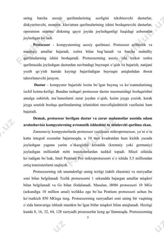 , 64, 128 razryadli prssessorlar keng qo`llanmoqda. protsessorning tezligini oshirish uchun hozirgi vaqtda kesh-xotira, turli matematik hamprotsessorlar kabi vositalardan foydalanish yo`lga qo`yilgan. komppyuter qurilmalari orasidagi axborot almashinuvi sistema magistrali - shinalar (elektr simlarining bog`lamlari) ko`magida amalga oshiriladi. shinadagi simlar kompyuterning hamma qurilmalariga parallel holda ulanadi. kompyuter ishi uchun uch xil shina xizmat ko`rsatadi: berilganlar (berilgan malumotlar) shinasi, adreslar shinasi, boshqarish shinasi. bog`lamdagi simlarning miqdori, shinaning razryadlari sonini belgilaydi. aniq protsessorga mos i80386, 16g'32 yozuvi, ushbu protsessor 16 razryadli berilganlar shinasi va 32 razryadli adreslar shinasiga ega ekanligini, ya`ni bir vaqtning o`zida 16 bit axborot va 2^32q 4 gbayt hajmdagi adreslar (adreslar sohasi) bilan ishlash imkoniyatini mavjudligini bildiradi. protsessor va asosiy xotira kompyuterning sistema bloki ichidagi asosiy platada joylashadi. unga diskyurituvchi, printer kabi qo`shimcha qurilmalarni ulash uchun kontrollerlardan, ya`ni maxsus platalardan foydalaniladi. ular ona platadagi maxsus qirqimlarga joylanadi, portlar deb yuritiluvchi ikkinchi uchlariga qo`shimcha qurilmalar bevosita ulanadilar. ma`lumotlarni kiritish - chiqarish …