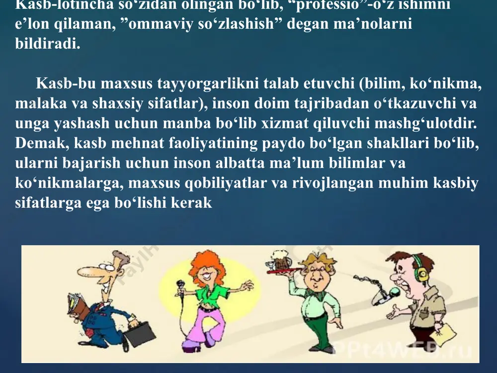 sinfini uchinchisi-bo‘limini to‘rtinchisi-kasb guruxlari. masalan, o‘qituvchining kasbiy formulasini quyidagicha yozish mumkin: chpfm. ch- mehnat ob’ekti, bu holatda bu odam. p- o‘qituvchi mehnatining maqsadini qayta ishlovchi. f-tana organlari faoliyatida ishlatadi (nutq, ovoz, mimika va boshqalar) m-o‘qituvchi kasbi yuqori mas’uliyat sharoitida ishlashini talab qiladi. professiografiyada ma’lum mehnat jarayonini tashkil etuvchi ob’ekt belgilari, mehnat sub’ekti, mehnat predmeti vazifalari, vositalari va sharoitlari o‘rganiladi. professiogrammaning muhim tarkibiy qismi-psixogramma bo‘lib, u mutaxassisning motivatsion, iroda va emotsional sohasining tavsifi hisoblanadi. psixogramma- kasbning psixik portereti bo‘lib, u aniq kasbda dolzarb bo‘lgan psixik funksiyalar guruhida namoyon bo‘ladi. professiogramma- bu ishchining psixologik fazilatlariga tayangan holda kasbning qisqacha tasnifi. ilmiy sohada- bu “ma’lum bir sohada muvafaqqiyatli mutaxassis modelining umumlashgan etaloni”.boshqacha aytganda, bu shunday trafaretki, uning yordamida ishchilarni vakant o‘rinlarga tanlab olish mumkin. kasb haqida umumiy ma’lumot elektron qurilma va qismlarni texnika xavfsizligi qoidalariga qat’iy amal qilgan holda montaj qiladi va sozlash ishlarini olib boradi. elektron qurilmalarni payvandlaydi va montaj qiladi hamda …