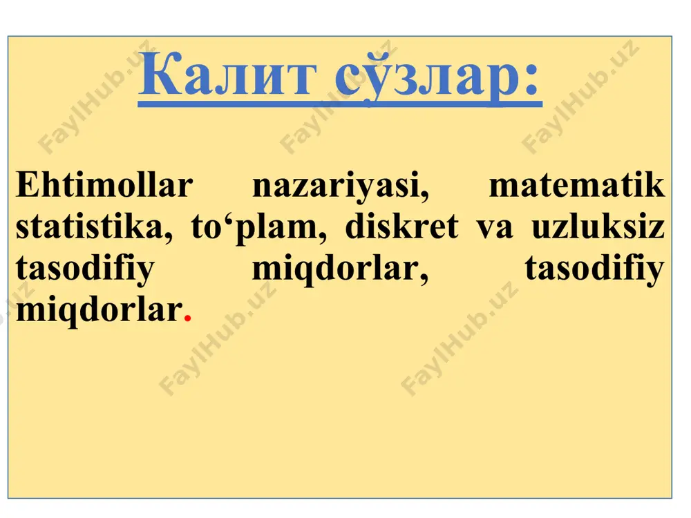 llar nazariyasiga tayanuvchi modellashtirishlarsiz, korrelyatsiyaviy va regressiyaviy tahlil, adekvatlik hamda «sezgir» adaptiv modellarisiz iqtisodiy-texnik va tasodifiy jarayonlarni tadqiq etishni tasavvur qilish qiyin. ehtimollar nazariyasining asosiy tushunchalari - tajriba yoki eksperiment va hodisalar. muayyan shart-sharoit va holatlarda amalga oshiriladigan hatti-harakatlarni eksperiment deb ataymiz. eksperimentning har bir amalga oshishi tajriba deb ataladi. statistik tahlilning asosiy maqsadi - empirik ma’lumotlarga ishlov berish, ularni tartiblash, grafik va jadval shaklida taqdim etish, shu jumladan, ularni asosiy statistik ko‘rsatkichlar orqali miqdoriy tahlil qilish. statistik ko‘rsatkichlar 2 guruhga bo‘linadi: o‘rtacha darajasini o‘lchaydigan dispersiyani o‘lchaydigan. o‘rtacha darajali ko‘rsatkichlar ob’ektlar tanlanmasini o‘rtacha xarakteristikasini ma’lum bir belgisi bo‘yicha beradi va ular: o‘rtacha qiymat, standart xato; standart chetlanish, ekssess, assimetriya, interval, minimum, maksimum, mediana, moda, kvantil, ishonchlik intervali deb ataladi. dispersiyani o‘lchaydingan ko‘rsatkichlar quyidagilar: tasodifiy miqdorning dispersiyasi, o‘rtacha kvadratik chetlanish, variatsiya qulochi. 4.2. to‘plamlar va ularning xossalari tо‘plam deganda, bir necha elementlarning majmuasi tushuniladi. bu elementlar bir xil toifali, lekin tartiblanmagan …