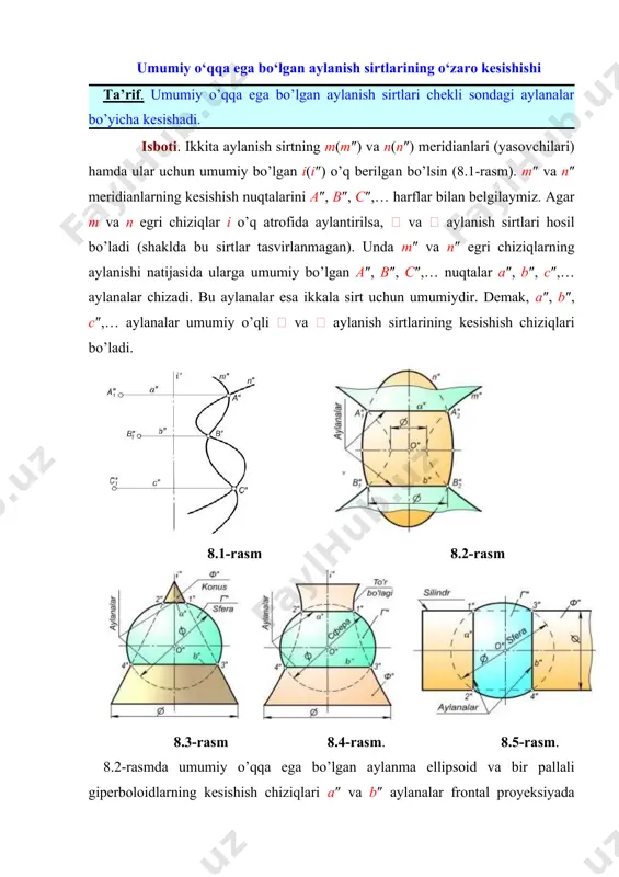 ashda qo’llaniladigan konsentrik va ekssentrik sferalar usullarining asosi hisoblanadi. o‘qlari umumiy nuqtaga ega bo‘lgan aylanish sirtlarining o‘zaro kesishuvi. yordamchi sferalar usuli ma‘lumki, markazi biror aylanish sirtining o’qida bo’lgan sfera bu sirtni chekli sondagi aylanalar bo’yicha kesadi. bu aylanalar proyeksiyalar tekisliklarining biriga to’g’ri chiziq kesmasi shaklida, ikkinchisiga aylana yoki ellips ko’rinishida proyeksiyalanadi. aylanish sirtlari bilan sferaning o’zaro kesishish chizig’i haqidagi bu muhim xulosa ikkita aylanish sirtining o’zaro kesishish chiziqlarini yasashga imkon beradi. yordamchi kesuvchi sferalar to’plami konsentrik yoki ekssentrik ko’rinishlarda bo’ladi. kesishuvchi sirtlarning xarakteriga qarab, yordamchi kesuvchi sferalarning biror usuli ishlatiladi. konsentrik sferalar usuli. ikki aylanish sirtining o’qlari umumiy nuqtaga ega bo’lsa, bu o’qlar bitta tekislikni tashkil qiladi. bu tekislik har ikkala sirt uchun simmetriya tekisligi bo’ladi. yordamchi kesuvchi konsentrik sferalar usulini quyidagi shartlar qanoatlantirgan hollardagina qo’llash mumkin: · o’zaro kesishuvchi sirtlar aylanish sirtlari bo’lishi shart; · aylanish sirtlarining o’qlari o’zaro kesishgan bo’lishi kerak; · aylanish sirtlarining o’qlari (yoki simmetriya tekisligi) …