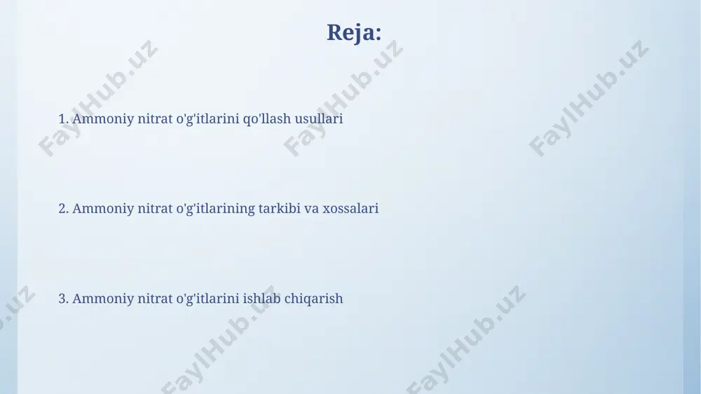 ammoniy nitratni, yozning birinchi yarmida, bug'doy ekinlariga qo'llash, qashqadaryo viloyatining og'ir tuproqlarida hosildorlikni sezilarli darajada oshiradi. ammoniy nitratning boshqa o'g'itlar bilan mosligi 100 kg ammoniy nitratga 50 kg kaliy tuzi qo'shish, ayniqsa, kartoshka va sabzavot ekinlari yetishtiriladigan qashqadaryo viloyati sharoitida hosildorlikni 15-20% ga oshirishi mumkin. ammoniy nitratni organik o'g'itlar, masalan, chirigan go'ng bilan aralashtirib qo'llash, azotning yo'qotilishini kamaytiradi va uning o'simliklar tomonidan samarali o'zlashtirilishiga yordam beradi, shu bilan birga, 20-30% gacha hosildorlikni oshirishga yordam beradi. ammoniy nitratning afzalliklari va kamchiliklari аммоний нитрати ўғитларининг афзалликларидан бири унинг юқори азот миқдори (тахминан 34%) бўлиб, бу 1 тонна ўғитдан 340 кг азот олиш имконини беради, бу эса ҳар хил экинларнинг ўсиши учун жуда самаралидир. аммоний нитрати сувда яхши эрийди, бу унинг ўсимликларга тез ва самарали ўзлаштирилишини таъминлайди, бироқ бу хусусият ёмғирли минтақаларда ювиб кетиш хавфини оширади. xomashyo va ularning sifati европа иттифоқи стандартларига кўра, ўзбекистондан экспорт қилинаётган аммоний нитратидаги намлик миқдори 0,2% дан …