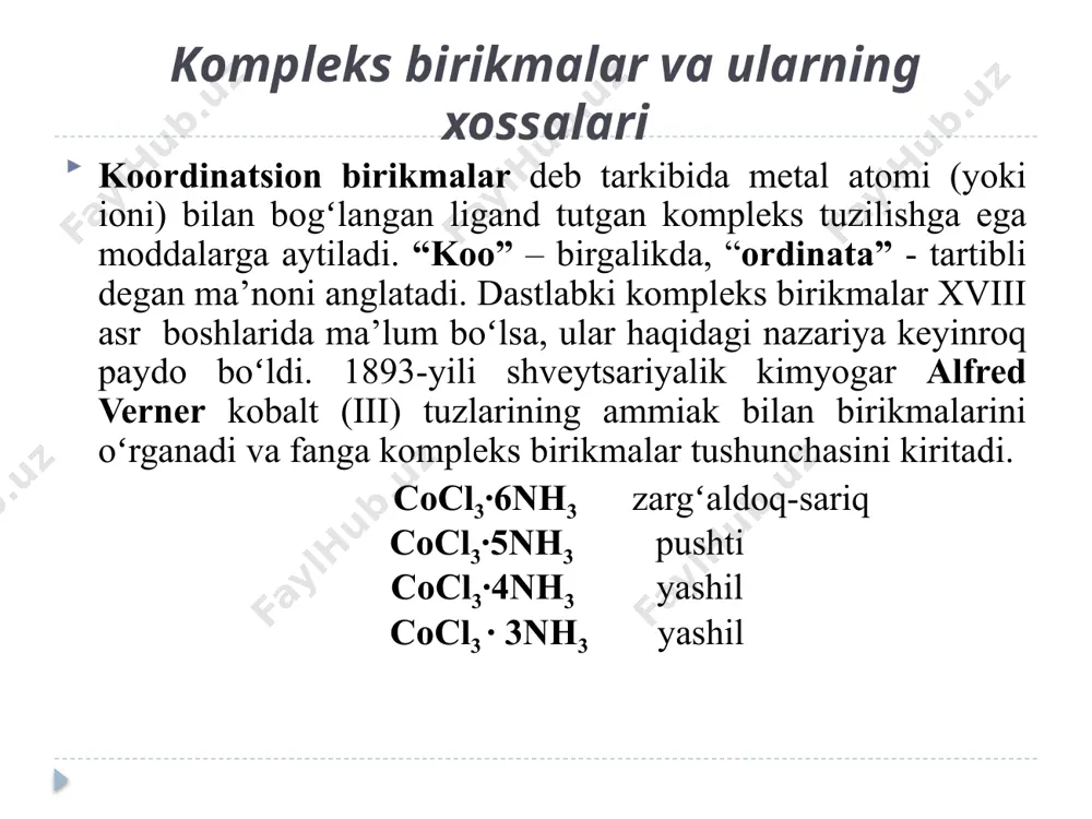arquydagilardir: komplkeson i nitriltiriatsetat kislota. / ch2cooh hooc—ch2--n ch2cooh komplekson ii - etilendiamintetraatsetat kislota . (edta) hooc—ch2 ch2—cooh n—ch2—ch2—n hooc—ch2 ch2—cooh komplekson iii (trilon b) etilendiamintetraatsetat (edta) kislataning 2 almashilgan natriyli tuzi. hooc—ch2 ch2—coona n—ch2—ch2—n naooc—ch2 ch2—cooh kompleksonlar molekulasida bir qancha funkuianal guruxlar bo’lib ular kompleksning markaziy ioni bilan bir necha kordinattsion bog’lar yordamida bog’lanishi mumikn. komplekslar ichida amalda eeng ko’p qo’llaniladigani bu komplekson iii trilon-b xisoblanadi. trilon-b ko’pgina kationlar bilan mustahkam bog’lanib suvda eruvchan ichkikompleks tuzlari xosil qiladi. kation bilan trilon-b shrtasidagi bog’ karboksil gurux tarkibidagi vodorodning almashinishi va azot atomlaridagi taqsimlanmay qolgan juft elektronlar (donor) hisobiga sodir bo’ladi. buni quydagi sxema bo’yicha yozish mumkin: hooc—ch2 ch2—coona n—ch2—ch2—n +me2+ → naooc—ch2 ch2—cooh → me ooc—ch2 ch2--coona n—ch2—ch2—n +2h+ naooc—ch2 ch2—coo me bu moddaning ionlanish konstantasi katta bo‘lib, metallar bilan hosil qilgan kompleksining barqarorligi metallaming xususiyatiga bog‘liq. ichki kompleksning hosil bo‘lishida metall ioni karboksil gruppadagi vodorod atomining o‘mini egallaydi, azot …