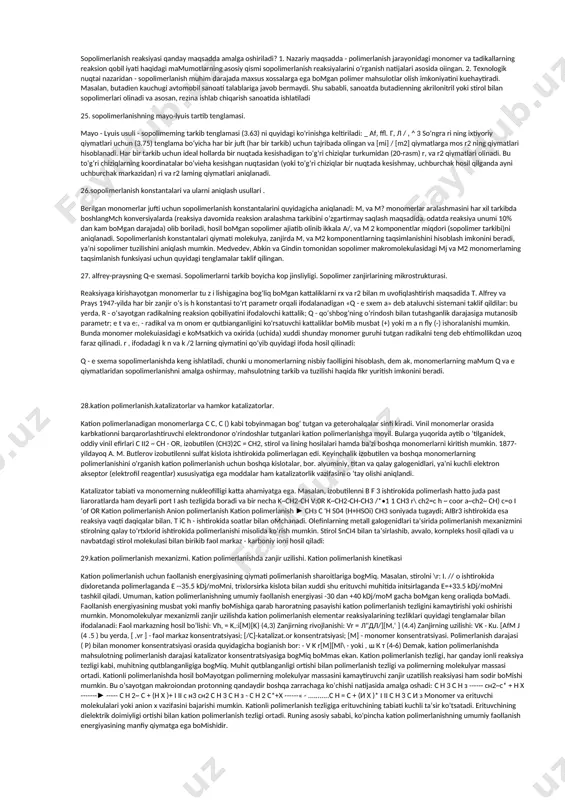 lar, jarrohlikda qo’llaniladigan choklovchi materiallar, sun’iy a’zolar, proteslar, plastmassadan tayyorlangan jag’lar, tishlar, bo’g’inlar, qon tomirlari, yurakning qopqoqchalari va turli tuman protez vositalar hozirgi vaqtda hech kimni hayrata qoldirmaydi. табиий полимерлар классификацияси табиий полимерлар табиатда таркалишига караб, икки гурухга булинади: 1. усимликлар таркибига кирувчи 2. тирик организмда учрайдиган полимерлар биринчи гурух полимерларга асосан целлюлоза, крахмал, клетчатка, алгинатлар ва бошкалар киради. иккинчи гурух полимерларга эса оксидлар, фиброин, кератин, коллоген, гликоген ва шунга ухшаш тирик организмдаги юкори молекулали бирикмалар киради. коллоген ва кератин куй, эчки, туя, от, мол ва бошка хайвонлардан олинса, фиброин ипак куртидан олинади. булардан олинган табиий полимерлар халк хужалигининг турли сохаларида кулланилиб келинмокда. юкорида айтиб утилган полимерларнинг асосини асосан полисахаридлар ва аминокислоталар ташкил этади. 1.2. полисахаридлар полисахаридлар (полиозлар) табиий юкори молекуляр моддалар булиб, табиатда жуда куп таркалган, хамда инсон ва хайвон хаётида мухим роль уйнайди kimyogаrlаr lаbоrаtоriya vа zаvоdlаrdа tаbiаtdаgi mаvjud mоddаlаrni qаytа ishlаsh yo’li bilаn yangi-yangi mоddаlаr hоsil qilmоqdаlаrki, …