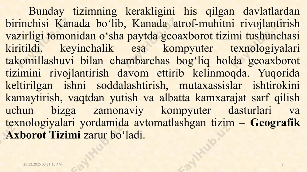 binolar, shaharlar, yoʻllar, daryolar, davlatlarni kompyuter orqali tasvirlashga yordam beradi. hozirda bu tizimni insoniyat faoliyati va dunyoda boʻlayotgan oʻzgarishlar, voqea-hodisalarni tasvirlash, tahlil qilish, muammoli vaziyatlarni aniqlash va ularni tushunish uchun qoʻllab kelmoqdalar. kartalar orqali tasvirlab berilgan tahliliy muammolar insonga har xil sonlar, diagrammalardan koʻra visual ravishda samaraliroq tushunishga yordam bermoqda. buning sababi, hozirda gat orqali vizual koʻrinishda biror-bir muammoni tasvirlashda juda koʻplab usullardan foydalanilmoqda. bu usullar jumlasiga turli ranglar, uch oʻlchamli koʻrinishlar, vektorli tasvirlash kiradi va bu, oʻz navbatida, matnlar yoki sonlar orqali tushunish qiyin boʻlgan jihatlarni ochib beradi. shuning uchun ushbu tizim texnologik tizimlar turkumidan boʻlsa-da, ijtimoiy, iqtisodiy va sogʻliqni saqlash sohalarida ham keng qoʻllanila boshladi. hozirgi kunda geoaxborot tizimining ilmiy asoslari keng koʻlamda oʻrganilmoqda va endilikda kartalar orqali tasvirlash geografik bilimlar sohasida isbotlangan usullardan biriga aylandi. agar biron-bir sohaga oid muammolarni tushunishga va ularning yechimini izlashga kirishadigan boʻlsak, endilikda darhol oʻsha muammoning raqamli kartasini ishlab chiqishimiz , muammoning …