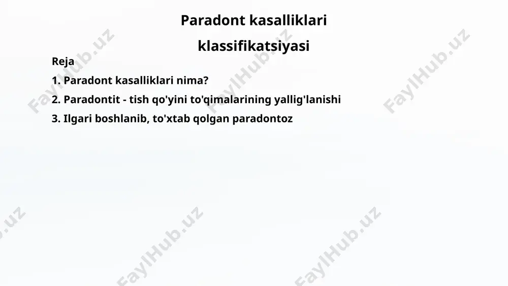 alliklar ta'sir qilishi mumkin. davolash gingivitni davolash uchun stomatologik protseduralar va dori-darmonlar qo'llaniladi. bu protseduralar tish yuzasidagi bakteriyalarni tozalash va tish milklarining yallig'lanishini kamaytirishga qaratilgan. 5 odontit - tish milklarining yallig'lanishi odontit - tish milklarining yallig'lanishi odontit - tish milklarining yallig'lanishi bo'lib, og'iz bo'shlig'ida uchraydigan eng keng tarqalgan kasalliklardan biri hisoblanadi. bu kasallik tish milklarining qizarishi, shishishi, qonash va og'riq bilan tavsiflanadi. odontitning sabablari odontitning asosiy sababi - tish yuzasida hosil bo'lgan bakteriyalar plakasining to'planishi. bakteriyalar tish etlari bo'ylab tarqalib, yallig'lanish jarayonini boshlaydi. 6 paradontit - tish milklarining to'qimalarining yallig'lanishi tish qo'yini to'qimalarining yallig'lanishi paradontit bu tishlarni qo'llab-quvvatlovchi to'qimalarning jiddiy yallig'lanishidir. bu yallig'lanish tish qo'yini suyaklariga tarqaladi, bu esa tishning bo'shashishiga va oxir-oqibat tushishiga olib kelishi mumkin. tish qo'yini suyaklarining yo'qolishi paradontit tish qo'yini to'qimalarining yo'qolishi bilan tavsiflanadi, bu tishni qo'llab-quvvatlovchi suyaklarning asta-sekin yo'qolishiga olib keladi. bu jarayon ko'pincha og'riqsiz bo'lib, bemorlar dastlab tishning bo'shashishini sezishi mumkin. 7 paradontit - …