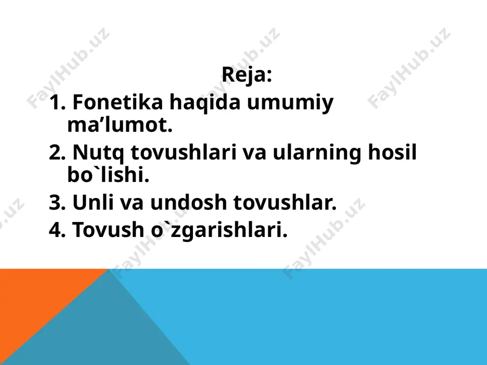 izning ochilish darajasi tor boʻladi; aksincha, a, o tovushlarini hosil qilishda til tanglaydan ancha uzoqlashadi (quyida turadi), shuning uchun til bilan tanglay oʻrtasidagi oraliq keng boʻladi; e, o“ tovushlarini hosil qilishda esa til bilan tanglay oʻrtasidagi oraliq oʻrtacha (tor ham emas, keng ham emas) boʻladi. ko`rinadiki, tilning vertikal harakati og`izning ochilish darajasini (tor, keng, oʻrta keng) belgilaydi. undosh tovushlar tizimi tilda konsonantizm deb yuritiladi. hozirgi oʻzbek adabiy tilida 24 ta undosh tovush mavjud: 5, v, g, d, j (jurnal so`zidagi birinchi tovush), j (joy, jiyda kabi so“zlardagi birinchi tovush), 2, y, k, /, m, n, ng (tong so`zidagi oxirgi tovush), p, r, 5, t, ff, x, ch, sh, q, g“, h. sirg‘aluvchi j, f tojik va boshqa tillardan oʻzlashgan so`zlarda keladi: foyda, oftob, fabrika, tafakkur, jurnal, ajdar. undoshlar ham uch tomondan tasnif qilinadi: 1. hosil bo`lish oʻrniga koʻra undosh tovushlar uch asosiy guruhga boʻlinadi: 1) lab undoshlari bevosita lablar ishtirokida …
