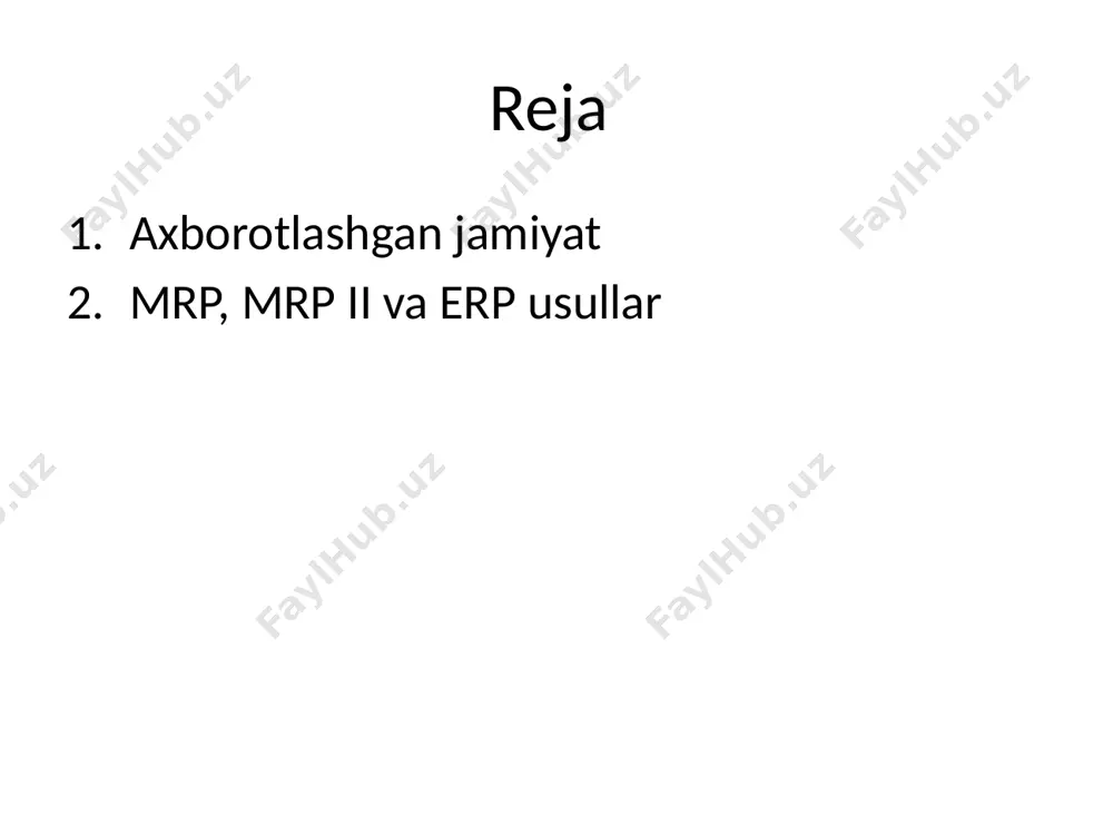 d. hozirgi kunda bunday usullar mrp, mrp ii va erp konsepsiyalari deb nomlanadi. mrp, mrp ii va erp usullar yoki yondashuvlar - bu korxonani qanday feoliyat yuritishi kerakligi tavsifini yaralishga imkon beruvchi tushuncha va jarayonlaming formallashgan to‘plamidir. mrp (material requirement planning - materialga bo‘lgan talablami rejalashtirish) ishlab chiqarishni boshqarish uchun yaratilgan, omborxona binolaridan unumli foydalanish, xomashyo yetkazib berishdagi turib qolish yoki keragidan ortiq yetkazib berish muammolarini bartaraf etadi. mrp tizimi xomashyo va butlovchi qismlami yetkazib berishidan oxirgi iste’molchilar so‘rovini qanoatlantirishgacha bo‘lgan ishlab chiqarish jarayonlarini rejalashtirish va tezkor boshqarishga yordam beradi. mrp usuli korxonada qanday boshqaruv va ro‘yxatga olish jarayonlari amalga oshirilishi, qanday ketma-ketlik asosida bajarilishi ko‘rsatib beradi va qanday bajarish kerakligi to‘g‘risida tavsiyalami (algoritm) o‘z ichiga oladi. mrp ii (manufacturing resource planning - ishlab chiqarish resurslarini rejalashtirish) tizimlari mohiyati ishlab chiqarishni prognozlash, rejalashtirish va nazorat qilish jarayoni xom-ashyo sotib olishdan boshlab mahsulotni xaridorga yuklab berish bilan tugallanadigan barcha jarayonlarida amalga …