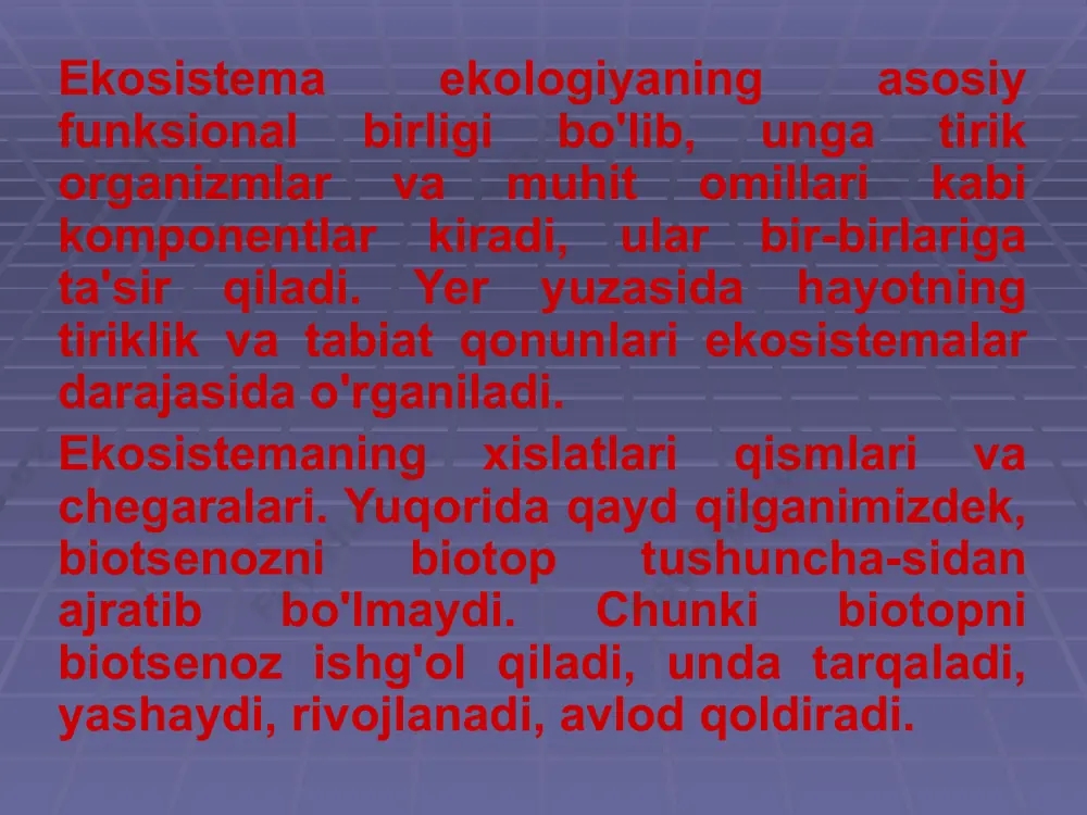 r yaxlit holda rivojlanadi. bu yerda atmosfera kimyosi va fizikaviy muhitning katta bo'shlig'i quyosh sistemasidagi boshqa sayyoralar sharoitidan keskin farq qiladi. yer usti muhitining atmosferasidagi gazlar tarkibi, unda kislorodning yuqori va co, ning past darajasi haroratning o'rta hoi bo'lishini yer ustidagi tirik organizmlar faoliyatisiz tushuntirib bo'lmaydi. image1.gif image2.jpeg image3.jpeg image4.jpeg image5.jpeg image6.jpeg image7.jpeg image8.jpeg