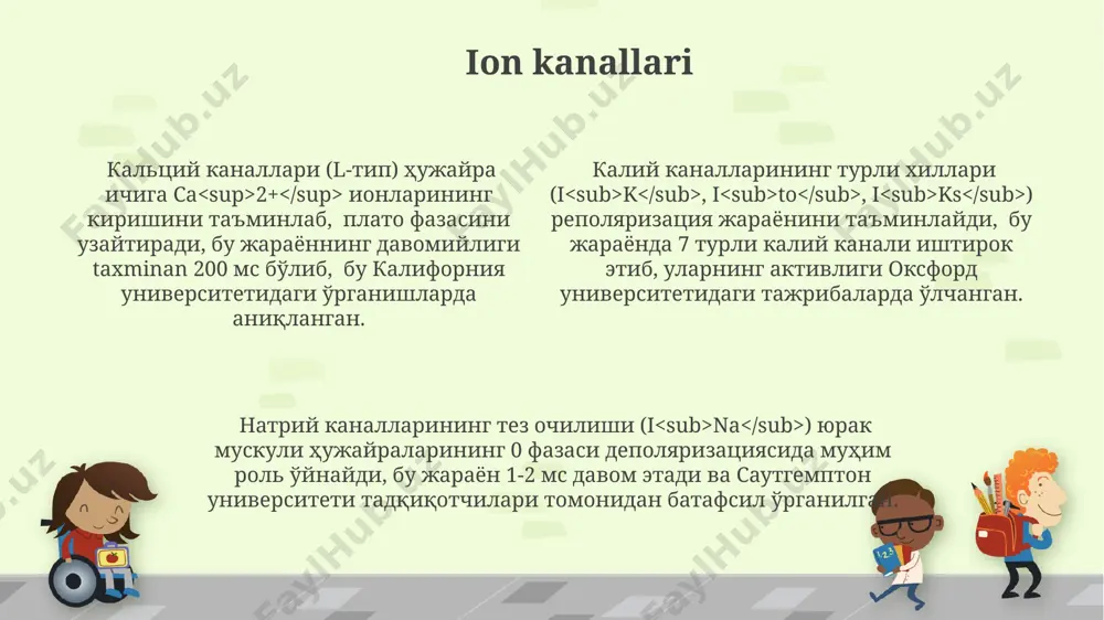 natomik joylashuvi o'ng atriumning pastki qismida, aorta klapanlari yaqinida bo'lib, yurak ritmining samarali o'tkazilishini ta'minlaydi. his to'plamining funktsional buzilishi, masalan, his to'plamining bloklari, yurak ritmini sezilarli darajada sekinlashtiradi yoki to'xtatishi mumkin, bu esa ko'pincha to'liq yurak blokiga olib kelishi mumkin va shoshilinch tibbiy yordam talab qiladi. natriy kanallari натрий каналларининг блокировкаси, масалан, тетродотоксин (ttx) моддаси билан, юрак мускулларидаги потенциалнинг кўтарилиш тезлигини 10-15 мартага камайтиради, бу эса юрак ритмининг бузилишига олиб келиши мумкин. натрий каналларининг фаоллиги юрак мускулларидаги 0 фаза деполяризациясини, яъни тез потенциалнинг кўтарилишини таъминлайди, бу жараёнда 20 мв дан ортиқ потенциал ўзгариши кузатилади ва бу жараёнда "тез ионли каналлар" муҳим роль ўйнайди. жанубий америкадаги бақаларнинг заҳридаги баъзи токсинлар натрий каналларини селектив равишда блоклайди, бу эса миллий дори-дармонларни ишлаб чиқаришда уларнинг потенциал биологик фаоллигини ўрганишга олиб келади. kaltsiy kanallari кальций каналларининг очилиш тезлиги юрак мускулларининг 1-2 мс давомида потенциалга эга бўлишига, шунингдек, 0 фаза деполяризациясининг тезлигига таъсир қилади, бу жараён …
