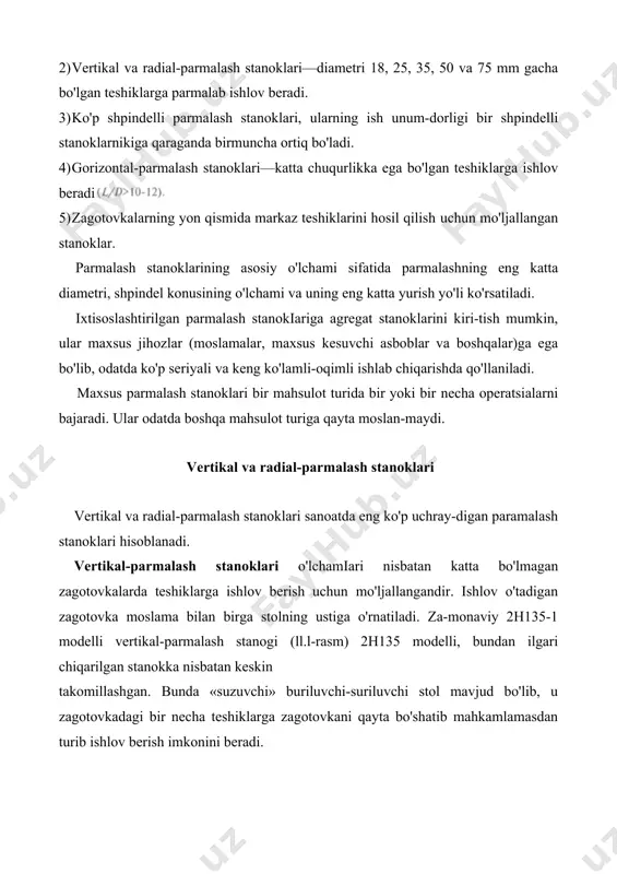 choklar bo'yicha ko'p koordinatli ishlov berishni zagotovkani qayta mahkamlamasdan turib amalga oshirish imkonini yaratdi. 2h135-1 modelli vertikal-parmalash stanogining texnik xarakteris​tikasi quyidagicha: 1) parmalashning maksimal diametri 2) shpindel o'qidan kolonnagacha bo'lgan masofa a=300 mm; 3) stolning burilish burchagi 360°; 4) shpindel aylanish chastotalari soni 12 (31,.5... 1400 min' ); 5) surish qutisi 9 xil (s=0,l... 1,6 mm/ayl) surish qiymatiga ega ; 6) bosh harakat elektr dvigateli radial-parmalash stanoklari yakka buyurtmali va seriyali ishlab chiqarishda yirik va og'ir korpus tipidagi zagotovkalarda teshiklarga ishlov berish uchun xizmat qiladi (11.2-rasm). zagotovka stol yoki funda​ment plitasi ustiga o'rnatiladi yoki polda joylashadi va qo'zg'almas traversaga esa parmalash kallagi o'rnatilgan bo'lib, u traversa bo'yicha surila oladi va traversa hamda buriluvchan gilza bilan birga 360° ga burila oladi. kesuvchi asbob va zagotovka o'qlarini moslashtirish traversani burish va parmalash kallagini traversa bo'ylab surish orqali amalga oshiriladi. zamr bo'lgan koordinatalar o'rnatilgandan keyin parmalash kallagi va kolonna traversa bilan mahkamlanadi. 2554 …