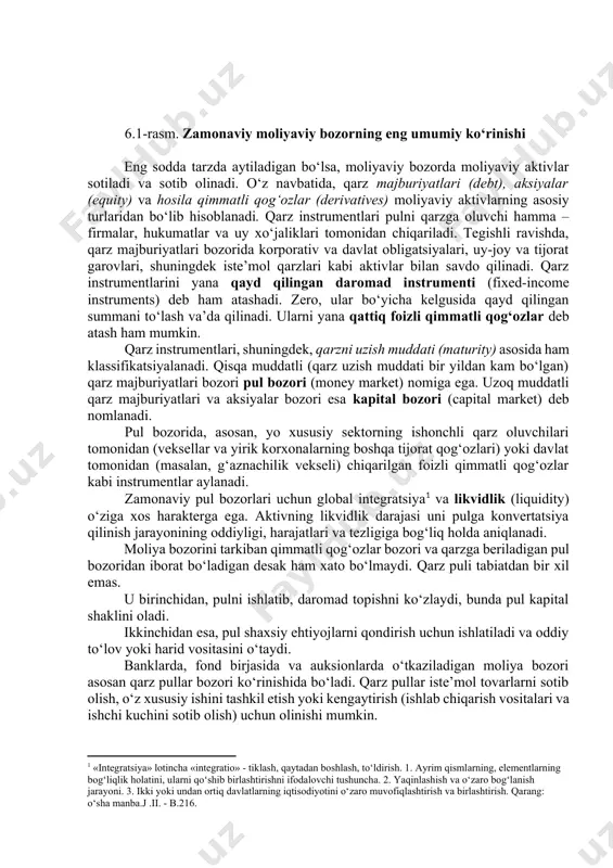 xil boshqa mol boyliklari bilan ta’minlangan davrdan taraqqiy topgan. u davrda davlat va boshqaruv tizimi tarafidan moliya aylanishi juda katta nazoratni talab qilmagan. u davrdagi nazorat pul standartlarini, ya’ni chop etilgan pullar va aylanishga chiqarilgan moliya, mol va boshqa boyliklar bilan ta’minlanganligi nazoratidan iborat edi. iqtisodning o‘sib borishi, chiqarilayotgan mahsulot va ko‘rsatilayotgan xizmat, savdo-sotiqlarning – moliyaviy ta’minotning o‘zgarishi bilan uzviy bog‘liqligi bilan to‘g‘ri korrelyatsion bog‘liqlik sezilarli emas edi. moliya bozorining va tizimining taraqqiyoti asta – sekin mol va boyliklar bilan ta’minlangan moliyani o‘rnini farmoyish moliya yoki qarz bilan ta’minlangan moliya bilan almashtirilish jarayonini vujudga keltiradi. moliya bozorlarining samarali foaliyat ko‘rsatishi uchun ma’lum muhit mavjud bo‘lishi shart. avvalambor mazkur shart iqtisodiy tizim barqarorligi va moliya tizimining erkin va ishonchli harakat qilishiga mo‘ljallangan qonunchilikka asoslanishi talab qilinadi. bu qonunchilik har biri alohida milliy davlatlarda shu millatning urf-odatlari va udumlaridan istisno, umumiy xalqaro standartlarga muvofiqlashtirilishini talab etadi. shu jumladan, milliy davlatlar hukumatlaridan moliya …