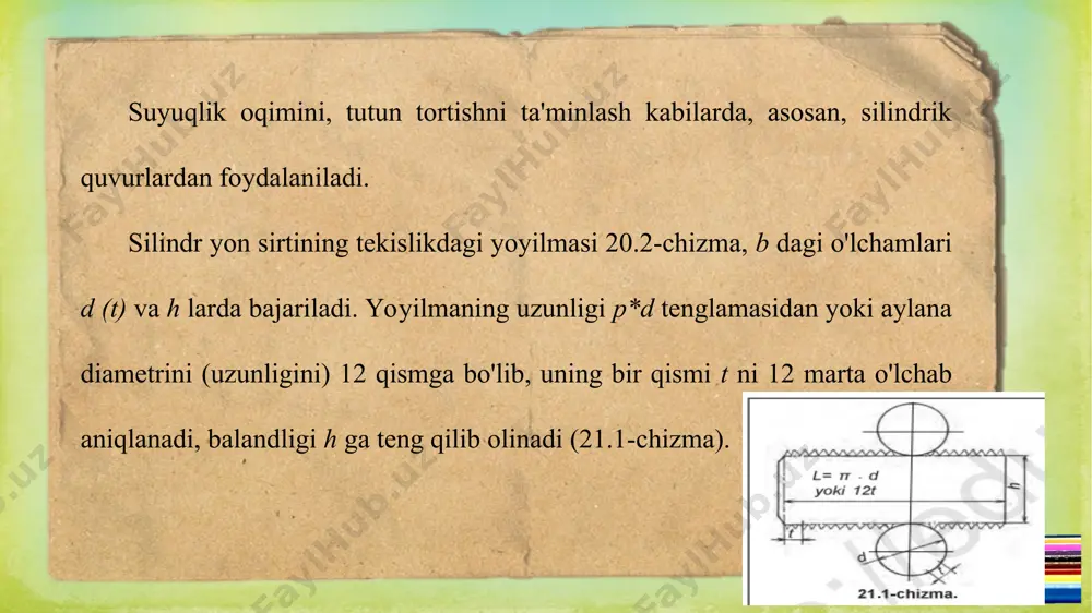(r) haqiqiy uzunlik hosil bo'ladi. bunday piramidaning yoyilmasi 21.3-chizmadagidek bajarila di. buning uchun s nuqtadan yoy chizib, unga to'rt marta t kattalik o'lchab qo'yiladi va har bir nuqta s bilan tutashtirib chiqiladi, asosi kvadrat biror tomoniga qo'shib chiziladi (21.3-chizma). uning modelini konstruksiyalashda ko'pyoqlikning shartidan foydalaniladi. kesik konusning yoyilmasi 21.4-chizma, a, b da berildi. ko'rinishlar. asosiy, bosh va mahalliy ko'rinishlar o'z dst 2.305:2003 ga muvofiq detaining proyeksiyalari ko'rinish deb yuritiladi. chizmachilikda detaining shaklini to'liq ifodalash maqsadida turli tasvirlar (ko'rinish, qirqim, kesim)dan foydalaniladi. kuzatuvchiga nisbatan detaining ko'rinib turgan tomoni (sirti)ning tekislikdagi tasviri ko'rinish de­yiladi. oltita asosiy ko'rinishlarni hosil qilish maqsadida 22.1-chizma, a dagi detaining ichi bo'sh kubning o'rtasiga joylashtiriladi. kubning oltita yoqlariga to'g'ri burchak ostida detal proyeksiyalanadi. shunda detaining kub yoqlaridagi ko'rinishlari (proyeksiyalari) hosil bo'ladi (22.1-chizma, b). asosiy va bosh ko'rinishlar. kubning yoyilmasi bajariladi (22.1-chizma, d). shunda detaining asosiy ko'rinishlari o'zaro qanday joylashganligi yaqqol ko'rinadi: v dagi olddan (bosh), h dagi ustdan, …