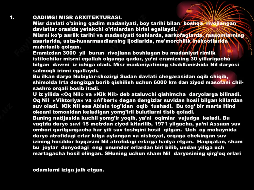 i butoda tashkil etdi. bu davrda janubiy misr podshosi narmer izining kuchli qishinlari bilan shimolni bosib oldi va misrda ikkita podsholikni birlashtirib, yagona davlatga asos soldi. poytahtni esa del’ta yaqinidagi strategik jishatdan juda sham qulay bilgan memfis shashriga kichirdi. demak, narmerni arhaika davri birinchi sulolasining dastlabki fir’avni deyish mumkin. tarihchilar qadimgi misr madaniyati va me’morchilik san’ati tarihi shaqida fikr yuritganlarida davrlarning hilma-hilligini sulolalar orqali kirsatishni maqsadga muvofiq deb bilganlar. hatto misr payg’ambari manetho eramizdan avvalgi 300 yil burun birinchi bilib ana shu usulni qillashni talab etgan. umuman, sulola oralig’idagi vaqt bilib, shu vaqt ichida oilaning podsholik qilgan davri aks ettirildi. masalan, frantsiyada burbonlar, angliyada tyudorlar, irta osiyoda temuriylar, russiyada romanovlar sulolalari mavjud bilgan. odatda sulolalar juda kip vaqtni iz ichiga oladi. buni yahshiroq tushunish uchun qiyida biz boshlanish vaqti eramizdan avvalgi 3200 yil ekanligini unutmagan sholda, qadimgi misrdagi davrlar va sulolalar sonini ma’lum bir tartibda bayon etamiz. i . arhiaika …