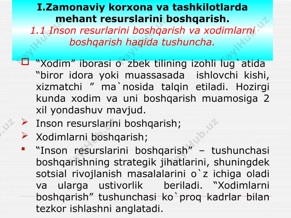 a r n i b o sh q a r i sh ixtiloflar, nizolarni hal qilish 1.3 korxona va tashkilotlarda xodimlarni boshqarish tamoyillari va xodimlarni rejalashtirish. xodimlarni rejalashtirish- bu inson omiliga bo`lgan extiyojni oldindan aniqlashdir. mavjud xodimlarni baholash 2. istiqbolda xodimlarga bo`lgan talabni rejalashtirish 3.xodimlarni rivojlantirish dasturini ishlab chiqish mavjud xodimlarni baholashda . eng avvalo ularning shakllanishiga ta`sir etuvchi tashqi omillarga , xususan mehnat bozoridagi vaziyatga e`tiborni qartmoq lozim. zero, mehnat bozoridagi holat ko`p jihatdan quydagilarga bog`liq: aholi soni, yoshi, jinsi salmog`idagi o`zgarishlarga; tarmoq va hududiy bandlikdagi o`zgarishlarga ; qo`shimcha ishchi kuchini yollash darajasiga ; ishlab chiqarish hajmi, tarkibiva o`sish suratiga; mehnat resurslarini boshqarish usuliga vahk. mehnat resurslariga bo`lgan talabni rejalshtirish xodimlarni rejalashtirish jarayonining boshlang`ich bosqichi bo`lib, uni tuzishda quydagi ma`lumotlar asosiy vazifani o`ynaydi mavjud va rejalshtirilayotgan ish joylari tashkiliy va tehnik tadbirlar rejasi shtatlar ro`yhati va bo`sh lavozimlarni to`ldirish rejasi ii korxonalarni boshqarishda kadrlar siyosati 2.1 xodimlarni boshqarish –davlatimiz …