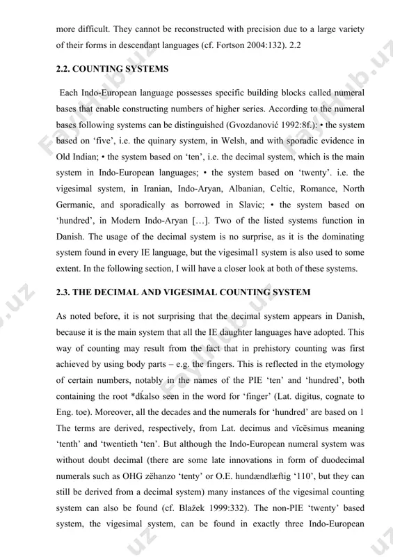 when it appears in the multiplicational forms; cf. hurford 1975:99ff.). french numbers are quite irregular, so it seems to be more plausible to perceive them not as one but two combined systems. it also needs to be mentioned that similar cases may be found in old french (vint e dis 20+10=30 or deus vins 2x20=40). the decimal system is without doubt of pie origin, but how to explain the vigesimal system? it has been attempted to account for its existence with several arguments: 1) it is the outcome of a spontaneous and independent innovation; 2) it is a foreign import; 3) it is of a substratal origin. it is quite relevant to mention that the vigesimal system correlates in a considerably high degree with its presence in non-indo-european languages, for which the system is characteristic, such as modern georgian or gaulish. the latter has been therefore proposed as the origin …