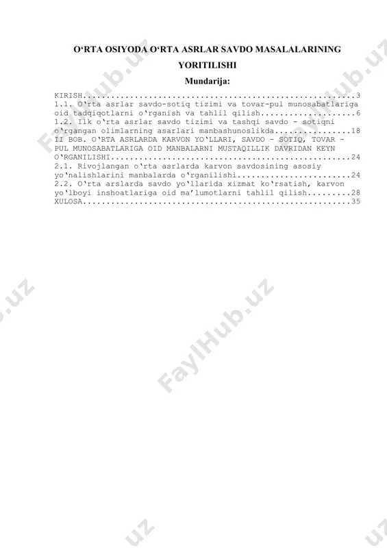 t qilgan. savdo-sotiq o‘rta osiyo xalqlarining iqtisodiy hayotida muhim o‘rin tutgan. ilk o‘rta asrlardan boshlab hunarmandchilikda turli sohalarning rivojlanishi, sifatli buyumlarning ishlab chiqarilishi, shahar va qishloqlarda savdoning yuqori darajada tashkil qilinishi, mahsulotlarni sotish uchun yangi bozorlarning izlanishi natijasida xalqaro savdo jadal rivojlanib, bunda vositachilik qilish so‘g‘diylarning qo‘liga o‘tgan. ular nafaqat quruqlikda, balki shu bilan bir qatorda daryo va dengizlar orqali ham savdo ishlarida faollik qilganlar. bu borada samarqand, buxoro, kesh, poykent shaharlari savdogarlarining faoliyatini alohida tilga olish lozim. yozma manbalarda sug‘d, xorazm, toxariston, choch va farg‘onadan olib chiqilayotgan mollar ro‘yxati o‘z aksini topgan. vii-ix asrlarda ular teri, gazlam alar, kumush va bronzadan ishlangan idishlar, shisha buyumlari, zeb-ziynatlar, qimmatbaho toshlar va yarog‘-aslahalardan iborat bo‘lgan. x -xii asrlardagi mollar ro‘yxatida qishloq xo‘jalik, hunarmandchilik mahsulotlari, xomashyo va chorva qayd etilgan. o‘rta osiyoning savdo-sotiq tizimida xitoy, hindiston, eron, old osiyo, vizantiya va sharqiy yevropa bilan savdo aloqalari katta o‘rin tutgan. yozma manbalardan tashqari iqtisodiy …
