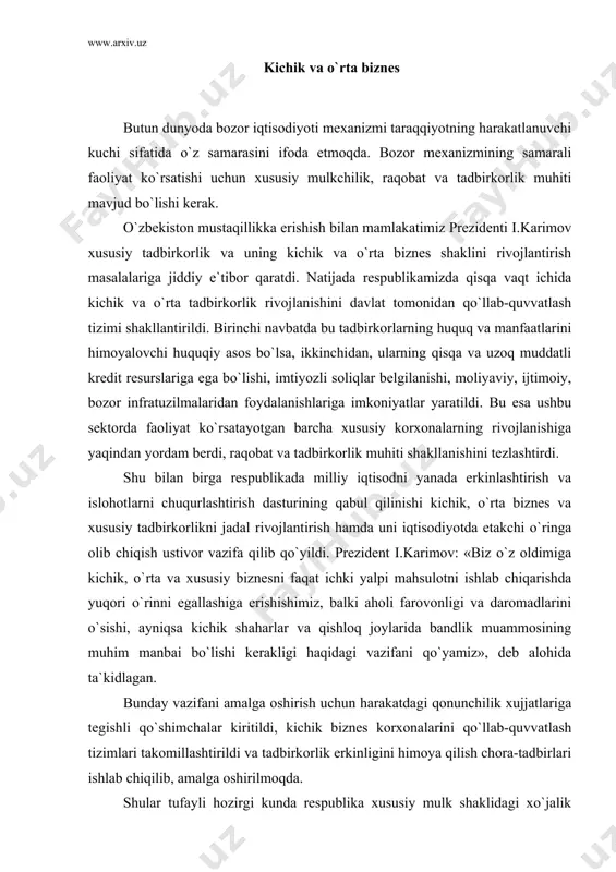 imlari takomillashtirildi va tadbirkorlik erkinligini himoya qilish chora-tadbirlari ishlab chiqilib, amalga oshirilmoqda. shular tufayli hozirgi kunda respublika xususiy mulk shaklidagi xo`jalik yurituvchi nodavlat korxonalari asosiy o`rin tutmoqda. ya`ni, 2001 yilda respublika bo`yicha ro`yxatga olingan korxonalarning 201,9 mingi yoki 90,5 foizi kichik, o`rta korxonalar va mikrofirmalardir. ularning shu yilgi yalpi ichki mahsulotdagi ulushi 33,8 foizni, shundan kichik va o`rta korxonalar ulushi esa 14,8 foizni tashkil etdi va bu o`tgan 2000 yilga nisbatan mos ravishda 2,8 va 1,7 foizga ko`pdir. shu bilan birga kichik va o`rta biznes. хususiy tadbirkorlik sohasida band aholining soni ham muntazam o`sib bormoqda. bu ko`rsatkich respublika bo`yicha 2001 yil boshiga nisbatan 7,1 punktga yuqoridir. kichik va o`rta biznesni moliyaviy qo`llab-quvvatlash ham muntazam o`sib bormoqda. tahlillar shuni ko`rsatadiki, kichik va o`rta biznesning rivojlanishi hali talab darajasida emas. buning uchun bizning fikrimizcha, davlat tomonidan olib borilayotgan tadbirkorlik muhitini faollashtirish bilan birga kichik va o`rta korxonalar faoliyatining bozor sharoitiga moslashuvini tezlashtirish …