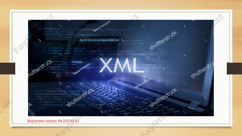 protokoli kabi maxsus lug‘atlar ham ishlab chiqilgan. buyurtma uchun: 94-223-33-12 buyurtma uchun: 94-223-33-12 axborot olamida o‘zaro xml ko‘riniishidagi ma’lumotlar almashinishi soni ortib borishi bilan, saqlanadigan xml-hujjatlar hajmi ham tez sur’atlarda o‘sib bormoqda. ko‘pgina veb-saytlar ma’lumotlarni saqlanadigan joyda xml dan foydalanadilar. saqlanayotgan ma’lumot foydalanuvchilarga ko‘rsatilishidan oldin html yoki xhtml o‘zgartiriladi. microsoft infopath va w3c xforms kabi dasturiy mahsulot va texnologiyalarning yangi avlodlari microsoft access yoki sql server larni o‘zining ma’lumotlarni saqlash joyi sifatida tanlab, xml-ma’lumotlar bilan ishlashni boshlayapdilar. shuningdek, ruxsatsiz foydalanishdan muxofazalangan konfidensial ma’lumotlarni saqlashda ko‘pincha xml dan foydalaniladi. xmlni ma’lumotlar bazasiga kirib kelishi buyurtma uchun: 94-223-33-12 e’tiboringiz uchun rahmat ! buyurtma uchun: 94-223-33-12 image7.png image8.jpeg image9.jpeg image3.png image4.png /docprops/thumbnail.jpeg