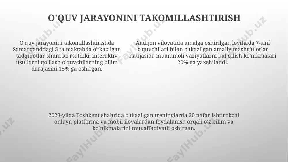 н ортиқ фан бўйича интерактив дарслар, тестлар ва 5000 дан ортиқ видеомаърузаларни таклиф этади. бу платформалар тошкент, самарқанд ва бухоро каби шаҳарлардаги талабалар учун қулай. онлайн ўқитиш платформалари, масалан, edx ёки coursera каби платформалар, 2023 йил ҳолатига кўра, жаҳон бўйлаб 10 миллиондан ортиқ фойдаланувчига эга бўлиб, 500 дан ортиқ университет ва таълим муассасалари билан ҳамкорлик қилади. онлайн ўқитиш платформаларидаги таълим жараёнида 1:10 нисбатидаги ўқитувчи-талаба муносабатига эришиш мумкин эмас, аммо кўплаб платформаларда онлайн форумлар ва чатлар орқали 24/7 техник қўллаб-қувватлаш ва ўзаро ҳамкорлик таъминланади. amaliy mashg'ulotlar va simulyatsiyalar amaliy mashg'ulotlar samarqand davlat universitetida o'tkazilgan 5 ta guruhga bo'lingan 100 talaba bilan o'tkazilib, 85% muvaffaqiyat ko'rsatkichiga erishildi. qarshi shahridagi texnika maktabida 30 talabaga mo'ljallangan amaliy mashg'ulotlar va simulyatsiya dasturi 7 ta modulli mashg'ulotlarni o'z ichiga olib, 95% ishtirokchilarning amaliy ko'nikmalarini oshirdi. qarshi shahridagi texnika maktabida 30 talabaga mo'ljallangan amaliy mashg'ulotlar va simulyatsiya dasturi 7 ta modulli mashg'ulotlarni o'z ichiga olib, 95% ishtirokchilarning …