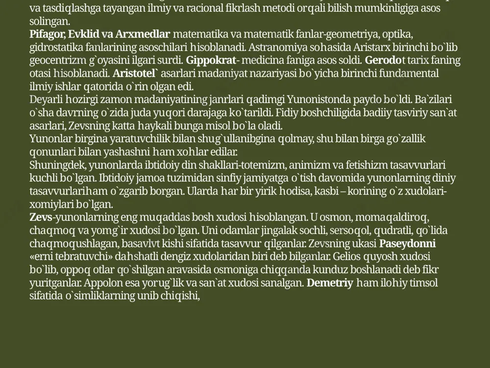 zaytun etishtirilgan. xo`jalikda chorvachilik, hunarmandchilik va savdo ham muhim o`rin tutgan. krit madaniyatiga taulluqli knos saroyi «labirint» nomi bilan tarixga kirgan bo`lib,uning birinchi qavatigina saqlanib qolgan. u ko`p qavatli inshoot bo`lib, 300 xonadan iborat bir gektardan ko`proq erni egallagan. saroyda suv o`tkazuvchi moslama (vodoprovod), kanalizaciyava vannalar, hunarmandchilik ustaxonalari bo`lgan. saroyning maxfiy xonasidan ayol xudoning qo`lida ilonni ushlab turgan haykalchasi topilgan. saroyning devorlarida hozircha «gullar teruvchi», «qushnitutishga shaylanayotgan mushuk», «ho`kiz bilan o`yin» kabi rasm manzaralari saqlanib qoligan. krit o`zining chiziqli harflaridan iborat o`z yozuviga ega bo`lgan. lekin bu yozuvni hozirgacha hech bir olim o`qib chiqishga ega bo`lmagan. xi-ix asrlarning gomer asri deb atalishining sababi shuki, bu davrni yoritb beruvchi asosiy manba gomerning odisseya», «illiada» dostonlari bo`lgan. bu davrda davlatchilik, shahar – saroy turmush madaniyati va yozuvi yo`q bo`lib boradi, mehnat qurollarini temirdan yasashga o`tilishi natijasida mehnat unumdorligi ancha oshadi, dehqonchilik va chorvachilik rivoj topadi. savdo – sotiqda esa ayirboshlash vositasi qoramollar …