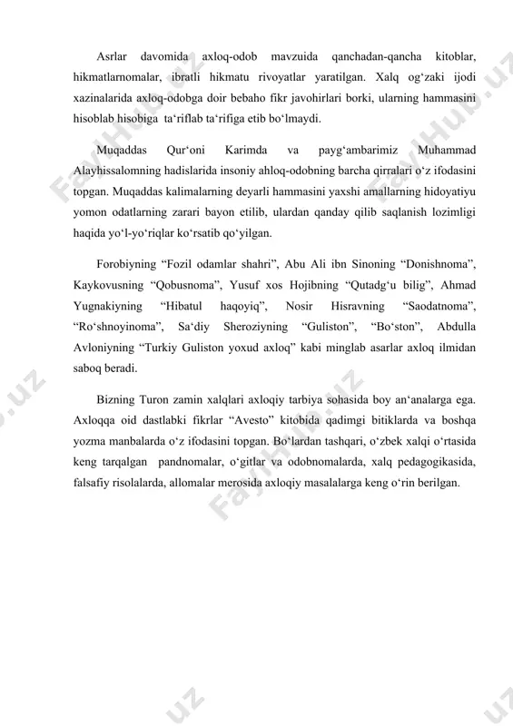 kkirlarning axloqiy qarashlari va qadriyatlaridan mustaqil o‘zbekiston istiqlolini mustahkamlashda, o‘quvchilarinig axloqiy madaniyatini shakllantirishda, kundalik turmushimizda keng foydalanishimiz maqsadga muvofiqdir. shuni aytish kerakki, xalqimiz axloq-odobni qadimdan ulug‘lab kelgan. chunki axloq-odob insonga husn, latofat va nazokat bag‘ishlagan. o‘rta osiyo mutafakkirlari o‘z asarlarida axloqiy g‘oyalarni doimo tarannum etib, xalqni oriflik, fozillik, komillik darajasiga ko‘tarishga chorlaganlar. bu borada abu nasr forobiyning ijodi diqqatga sazovordir. forobiyning ijodinio‘rganish o‘qituvchilarning axloq, ta‘lim-tarbiya sohasida olib boradigan ishlariga keng imkoniyatlar yaratadi. forobiy inson axloqi haqida gapirar ekan, uning hislatlarini quyidagicha ta‘riflaydi: 1.bunday odamning barcha a‘zolari shu darajada mukammal taraqqiy etgan bo‘lishi zarurki, u bu a‘zolari bajarmoqchi bo‘lgan barcha ishlarini osonlik bilan amalga oshira olsin; 2.barcha masalani, muhokama va mulohazani tezdan va to‘g‘ri tushuna oladigan, uning ma‘nosini anglay oladigan, so‘zlovchining maqsadi, aytilgan fikrining chinligini tezda payqay oladigan bo‘lsin; 3.xotirasi juda baquvvat bo‘lsin, ko‘rgan, eshitgan, sezgan narsalarining birortasini ham esidan chiqarmay, yodida saqlab qoladigan bo‘lsin; 4.zehni shu darajada tez va o‘tkir …