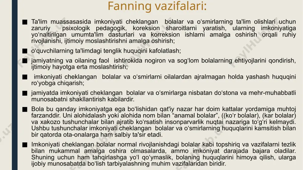 hitmaydigan) bolalar uchun maktab-internatlar; — zaif eshitadigan va keyinchalik kar bo‘lgan bolalar uchun maktab-internatlar (1, 2-bo‘lim); — ko‘zi ojiz (ko‘r) bolalar uchun maktab-internatlar; — zaif ko‘radigan va keyinchalik ko‘r bo‘lgan bolalar uchun maktab-internatlar; — nutqida og‘ir nuqsonlar bo‘lgan bolalar uchun maktab-internatlar; — tayanch-harakat apparatida nuqsoni bo‘lgan bolalar uchun maktab-internatlar; — psixik rivojlanishi sust bo‘lgan bolalar uchun maktab-internatlar; — aqli zaif bolalar uchun (yordamchi) maktablar, maktab-internatlar. shuningdek, quyidagi toifaga mansub bolalar yuqorida keltirilgan ixtisoslashtirilgan ta'lim muassasalariga qabul qilinishi mumkin emas: — aqli o‘ta zaif bolalar (imbitsil, idiotiya darajasidagi oligofreniya); — xulq-atvorida og‘ir buzilishlar, hissiy-irodaviy sohasida (organik) nuqsonlari bo‘lgan bolalar; — tayanch-harakat apparatida nuqsoni bo‘lgan, mustaqil ravishda harakatlana olmaydigan va o‘z-o‘ziga xizmat ko‘rsata olmaydigan bolalar; — ko‘r-kar-soqov bolalar; — tez-tez takrorlanadigan epileptik tutqanoqdan aziyat chekadigan (epileptik dementsiya, kunduzgi va tungi vaqtlarda tutqanog‘i tez-tez takrorlanadigan) bolalar; — markaziy asab tizimiga shikast etganligi tufayli siydik va najasini ushlab turolmaydigan bolalar. jahon sog‘liqni saqlash tashkiloti …