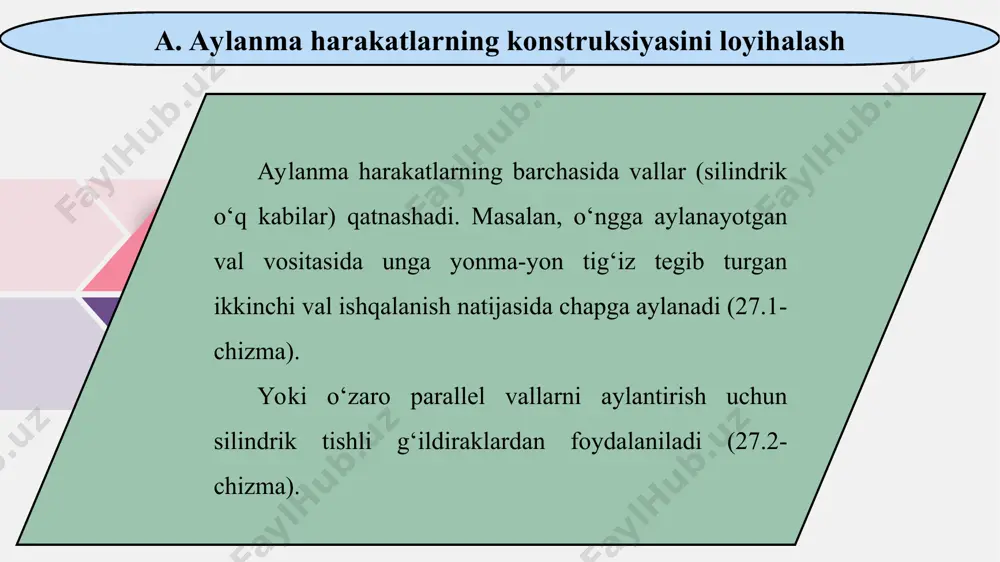 am o‘rnatiladi (27.8-chizma). 2. prujinani cho‘zma (rezina)ga almashtirish mumkin. 3. prujina o‘rniga yoshroq egiluvchan daraxtdan foydalanish mumkin. 4. oboymali mexanizmdan foydalansa ham bo‘ladi (27.9-chizma). bunda arraning ikkinchi ushlagichiga tros (arqon) bog‘lanib, g‘ildirak (oboyma) ariqchasi orqali o‘tkaziladi va trosning ikkinchi uchiga og‘irroq yuk ilib qo‘yiladi. arra tortilganda: 1,2 va 3 hollarda prujina, cho‘zma, daraxt o‘z o‘rniga qaytishda g‘o‘lani arralaydi, 4 holatda esa, yukning og‘irligi hisobiga g‘o‘la arralanadi. ushbu usullardan biri tanlab olinadi va darsda mukammal tushuntiriladi. yana qanday usullar mavjudligi o‘quvchilar o‘rtasida muhokama qilish tavsiya etiladi va o‘quvchilarga o‘ziga yoqqan usullardan birini chizmada bajarib kelish topshiriladi.