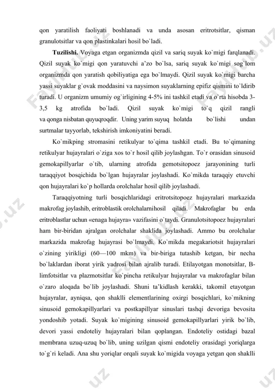 ik bo`lib, devori yassi endoteliy hujayralari bilan qoplangan. endoteliy ostidagi bazal membrana uzuq-uzuq bo`lib, uning uzilgan qismi endoteliy orasidagi yoriqlarga to`g`ri keladi. ana shu yoriqlar orqali suyak ko`migida voyaga yetgan qon shaklli elementlari ko`mikdan qonga o`tadi. endotelial yoriqlar qonga faqatgina yetilgan qon shaklli elementlarini o`tkazadi. blast hujayralar, promielotsitlar, yadroli normotsitlar, mielotsitlar va boshqa o`ta yosh hujayralarning qonga o`tishi faqatgina turli kasallik holatlarida kuzatiladi. endoteliy hujayralari orasidagi yoriqlarning tanlab o`tkazish mexanizmlari hali ham oxirigacha ma’lum emas. ammo bu jarayonda o`tayotgan hujayra bilan endoteliy hujayrasidagi maxsus retseptorlarning mos kelishi asosiy ahamiyatga ega deb hisoblanadi. sariq suyak ko`migi asosan voyaga etgan odamlarda bo`ladi va naysimon suyaklarning diafiz qismini to`ldiradi. uning tarkibini asosan yog` to`qimasi tashkil etib, yog` hujayralarning sitoplazmasidagi lipoxrom pigmentlari unga sariq tus beradi. sog`lom organizmda bu ko`mik qon yaratish vazifasini o`tamaydi. lekin ko`p qon yo`qotgan paytda va ba’zi bir kasalliklarda sariq suyak ko`migida gemotsitopoez (ya’ni qon yaratilish) jarayoni sodir bo`lishi mumkin. …